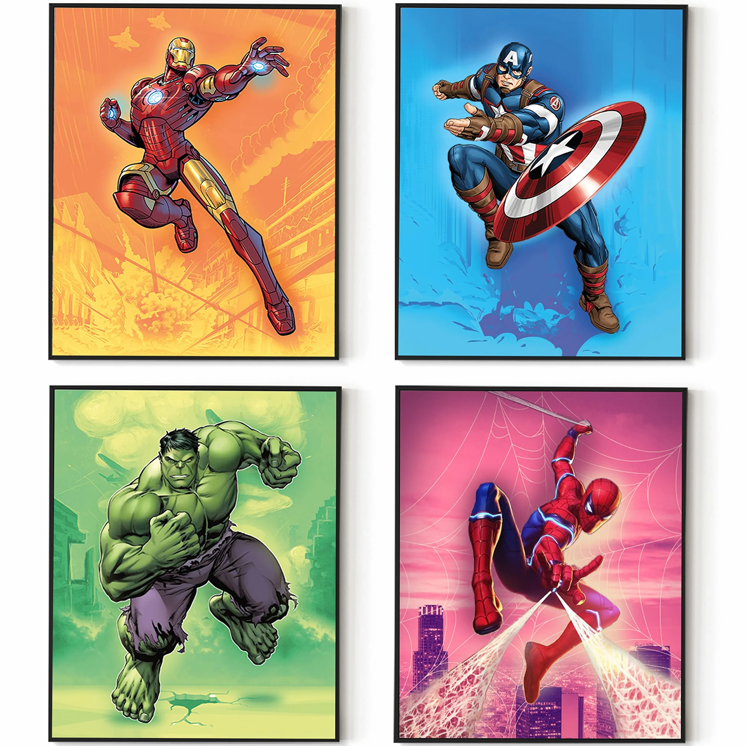 Póster de superhéroe para decoración de pared, juego de 4 (8 x 10 pulgadas), decoración de habitación de superhéroes para niños, arte de pared de los Vengadores, decoración de habitación