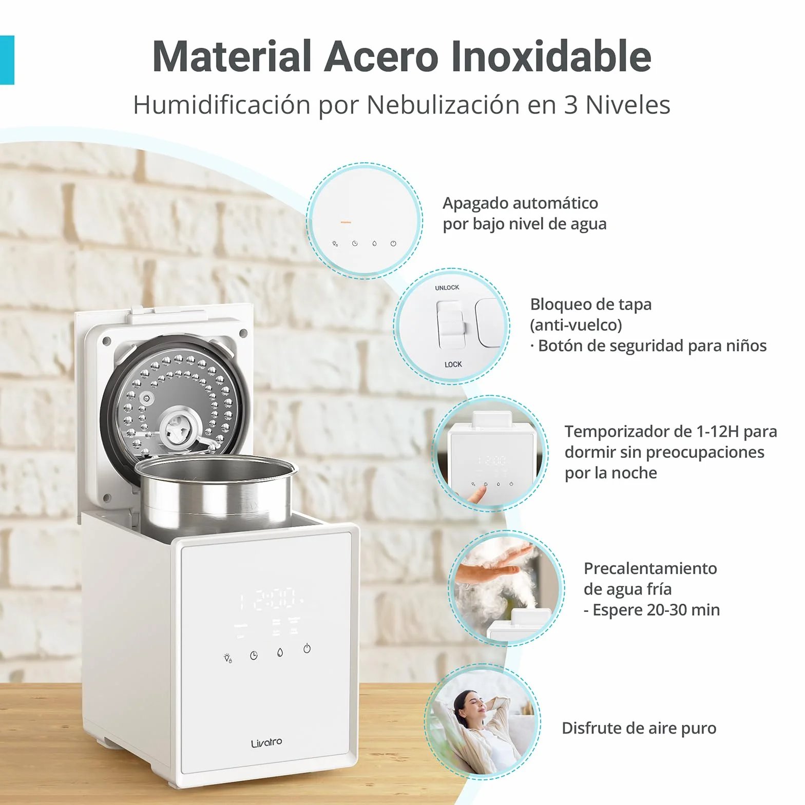 Livatro Humidificador de Aire 3L Top-Fill, Humidificador de Vapor Caliente de Acero Inoxidable, Reduce el 99,97% de las Bacterias,Temporizador y Modo Sueño,para Bebés,Oficina, Dormitorio,Sala de Estar