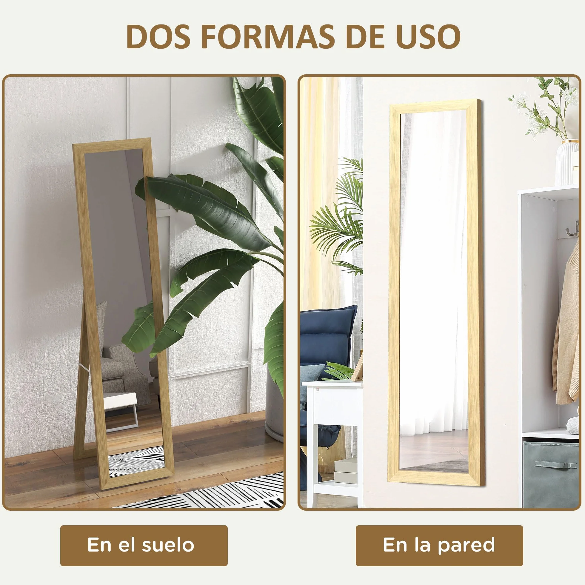 HOMCOM Espejo de Pie Cuerpo Entero 157x37 cm, Espejo de Cuerpo Entero con Soporte, 3 Formas de Uso, Independiente, Montaje Pared y Apoyado, para Salón, Entrada, Dormitorio, Roble