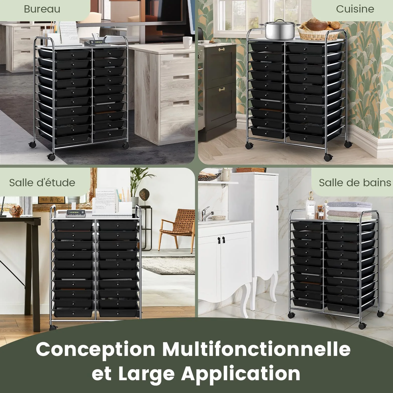 GOPLUS Carro de almacenamiento de metal con 20 cajones, torre de almacenamiento, carrito con 4 ruedas, 2 con frenos, cajones multicolores, ideal para salón, cocina, cuarto de baño (negro)