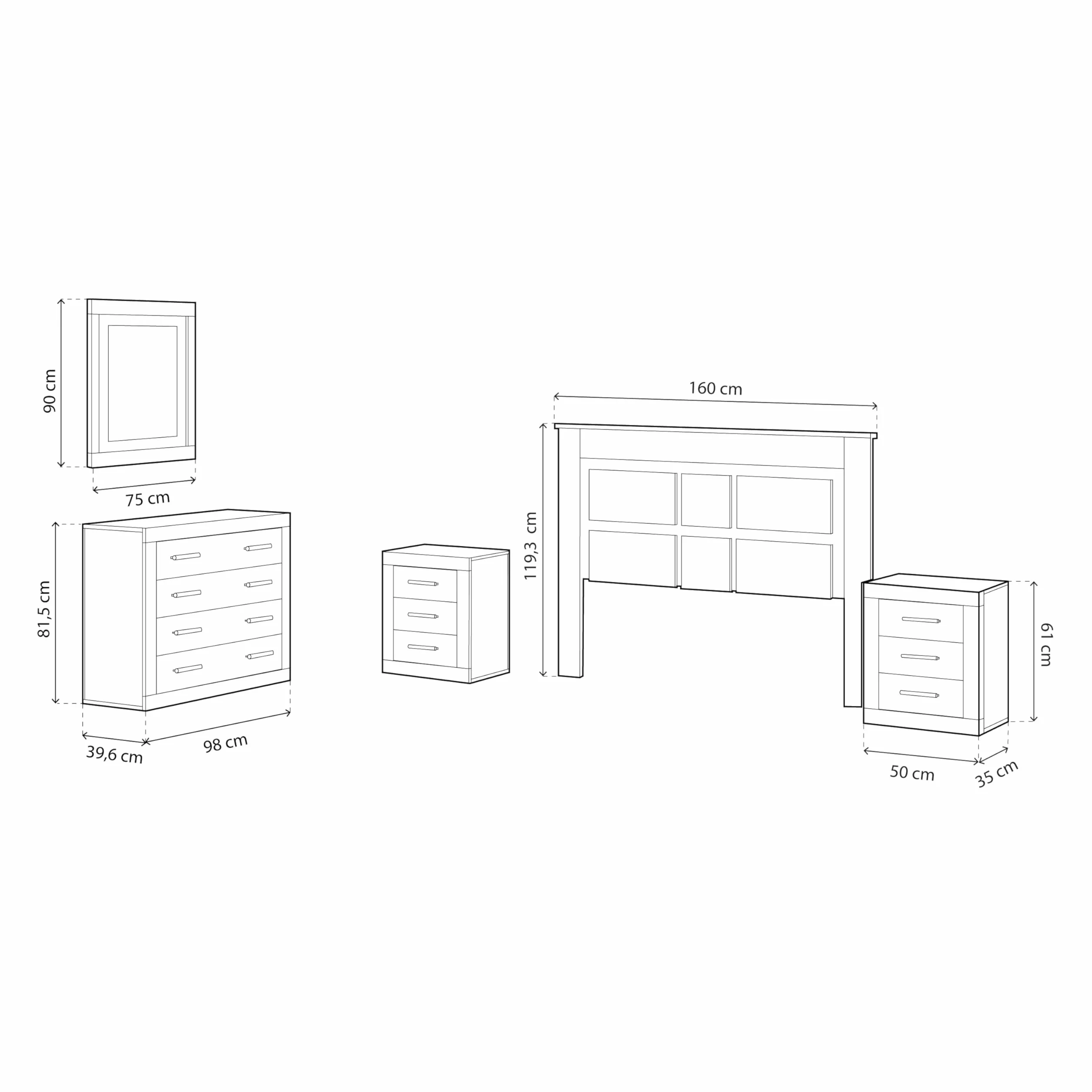 duehome | Conjunto de Dormitorio Kira 4c - Cabecero + 2 Mesitas de Noche + Comoda y Espejo, Acabado en Cambria y Blanco