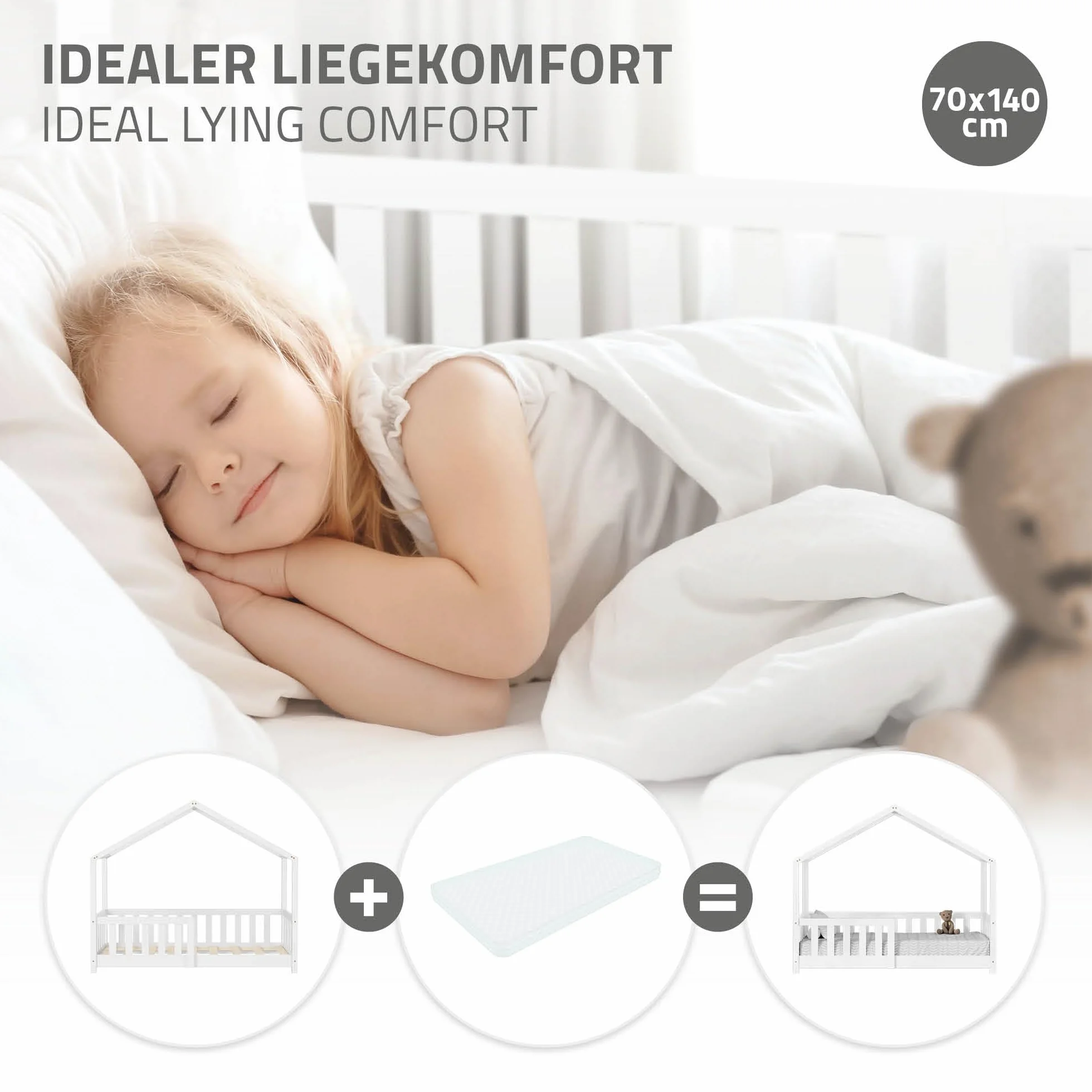 ML-Design Cama Infantil Casa 70x140 cm Madera Blanca Maciza de Pino, Casita Estilo Montessori con Somier de Láminas, Techo y Protección Anticaída, Cuna Baja de Suelo para Niños, Litera Junior