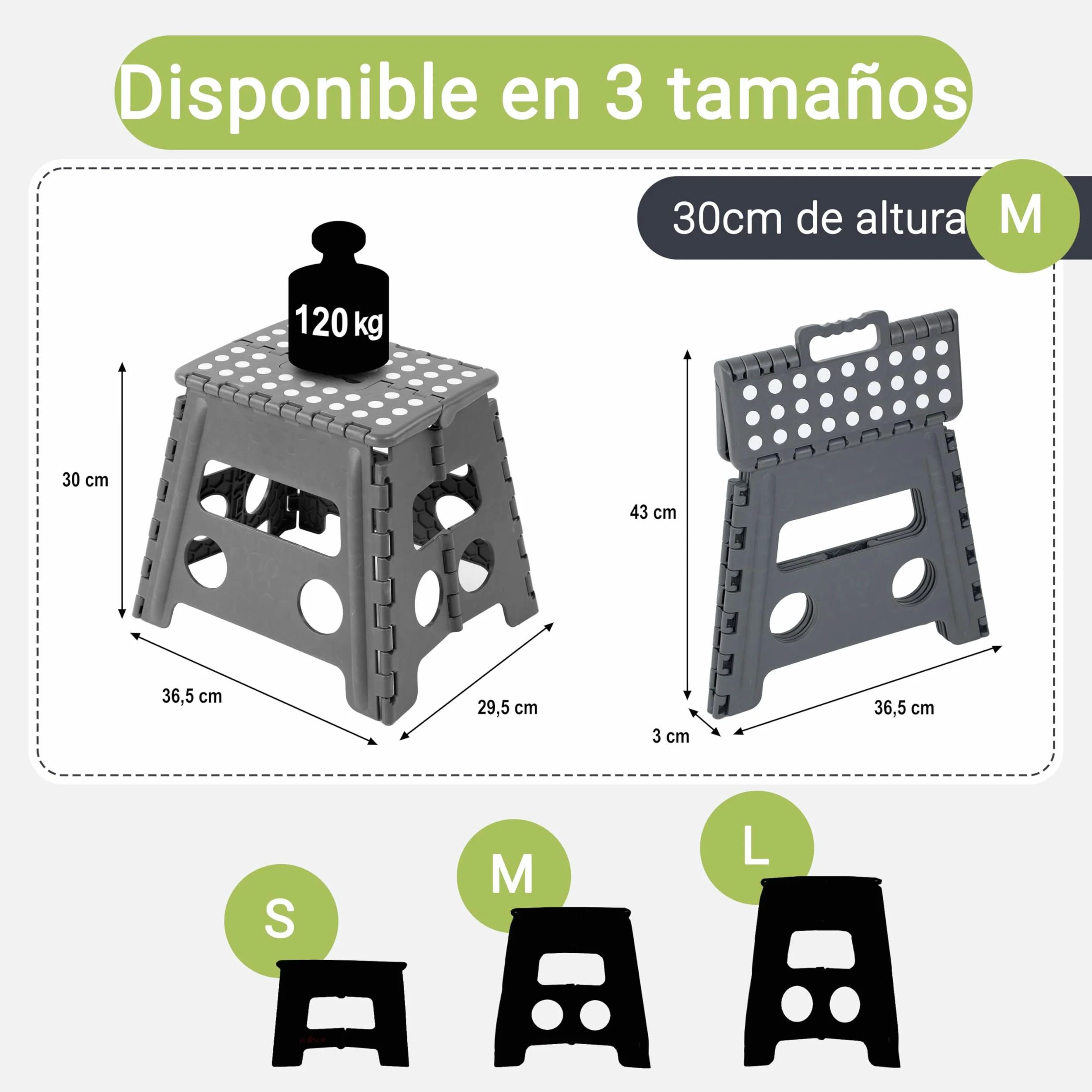 ZOLLNER Taburete Plegable Multiusos 30 cm Altura 120 kg Gris