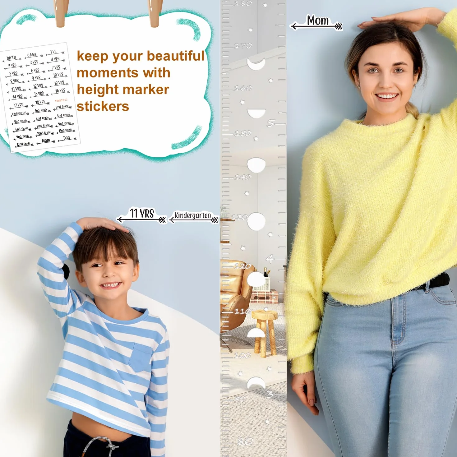 4 Espejos de Crecimiento, Espejo con Tabla de Crecimiento Regla de Pared para Niños Espejo de Altura para Registro de Altura de Niños Decoración de Pared para Dormitorio