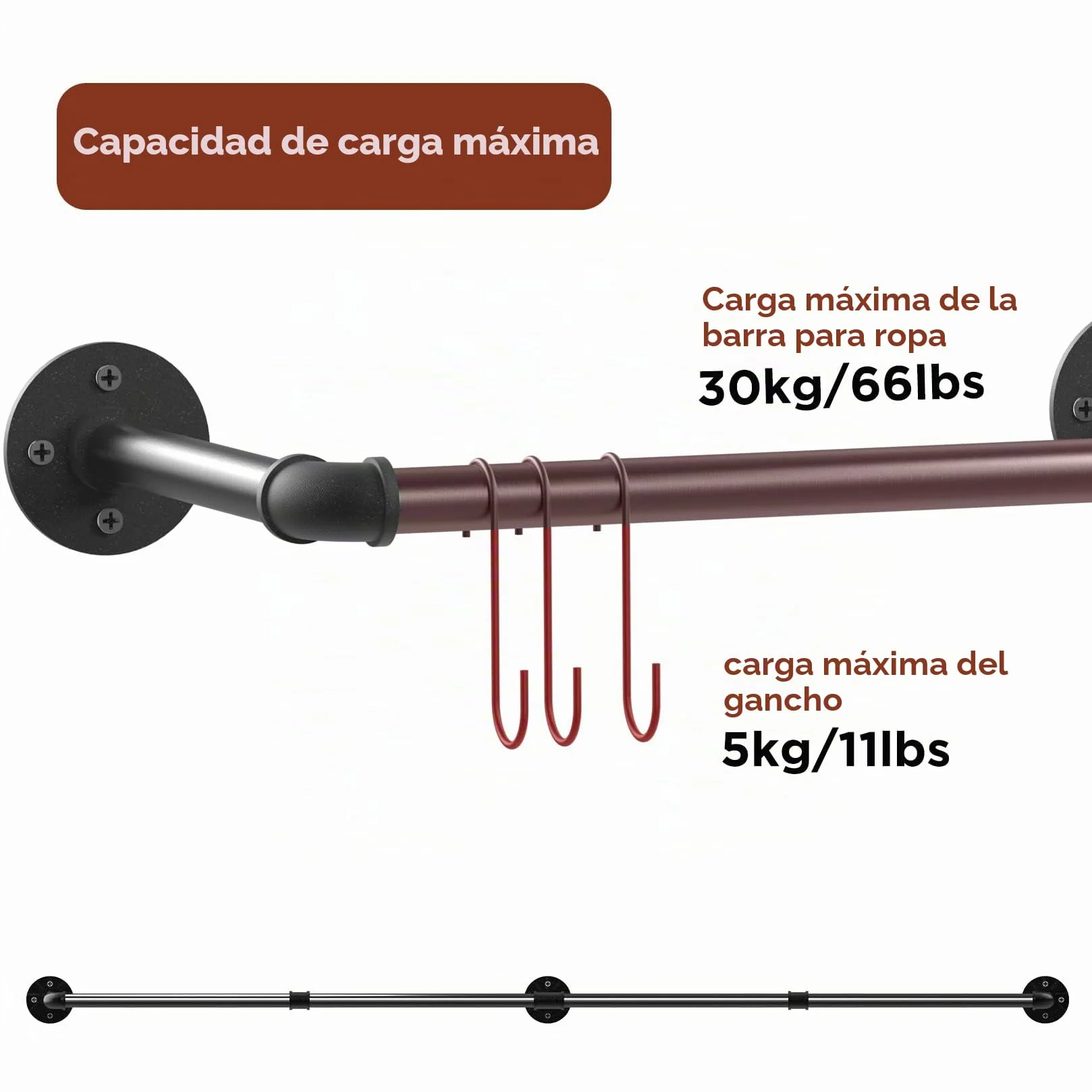 unho Perchero de Pared Industrial, Barra Perchero de Tubo Vintage Desmontable de Longitud Ajustable 90-180cm Carga hasta 30kg (Negro)