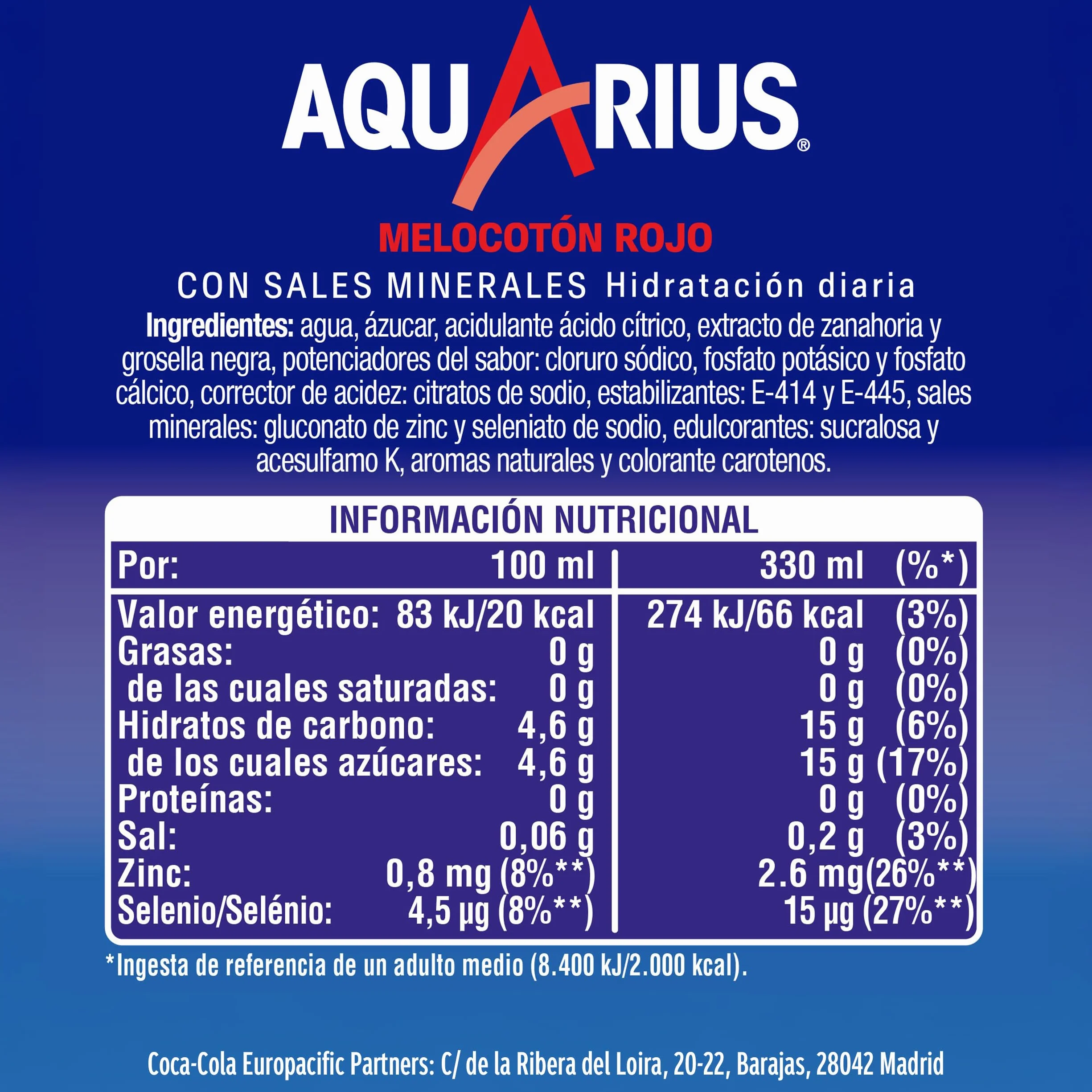 AQUARIUS Melocotón Rojo Bebida Hidratante con Sales Minerales Baja en Calorías Pack 24 Latas 330ml