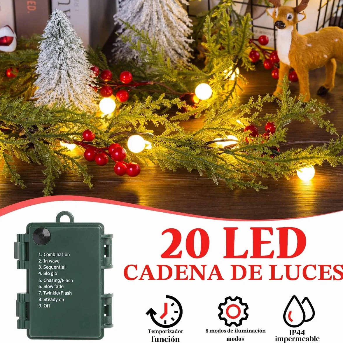 Quntis 1.75M Guirnalda de Navidad Artificial con Luces, 20 LED Guirnalda de Plástico con Pilas/Batería, para Puerta Delantera, Chimenea, Escalera, Mesa, Porche, Interior de Vacaciones, Pino