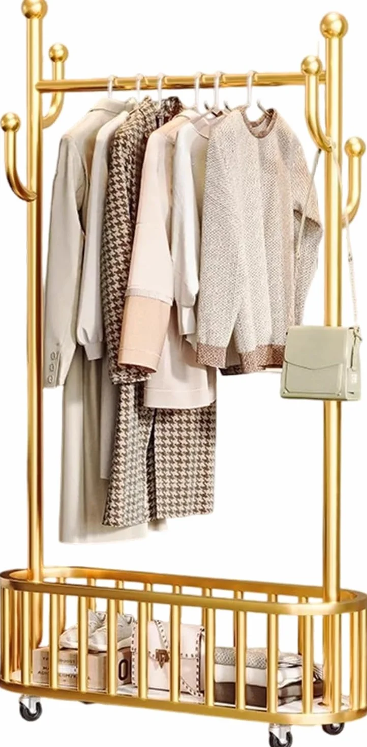 Perchero con ruedas, perchero de metal para dormitorio, con cesta de almacenamiento, 175 x 80 x 32 cm, perchero de suelo independiente para colgar ropa, dorado