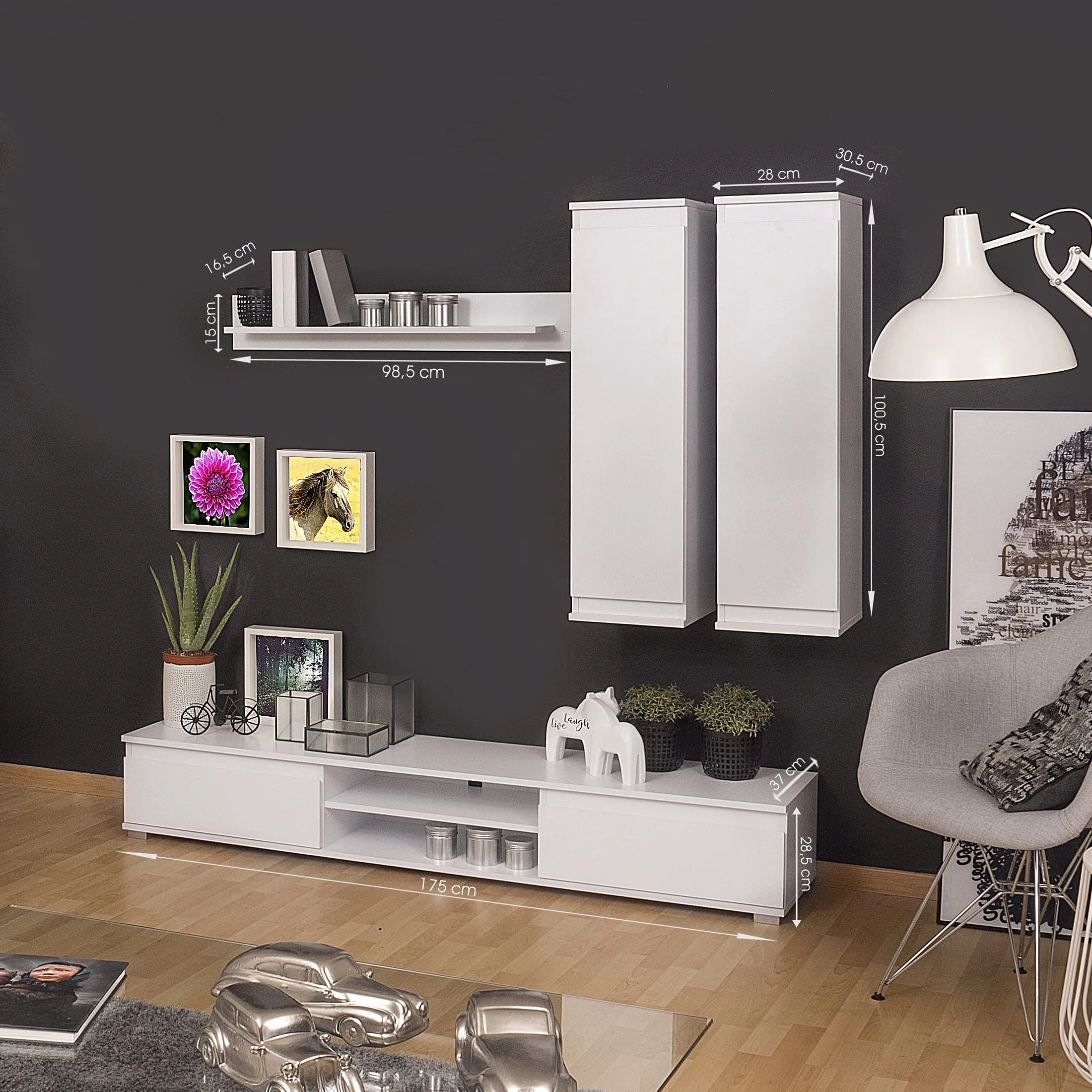 Homely - Mueble de salón modular LUCKY, conjunto de 4 muebles, mueble para televisión, 2 muebles altos y estantería alta, color blanco, medidas conjunto 175x180x37 cm