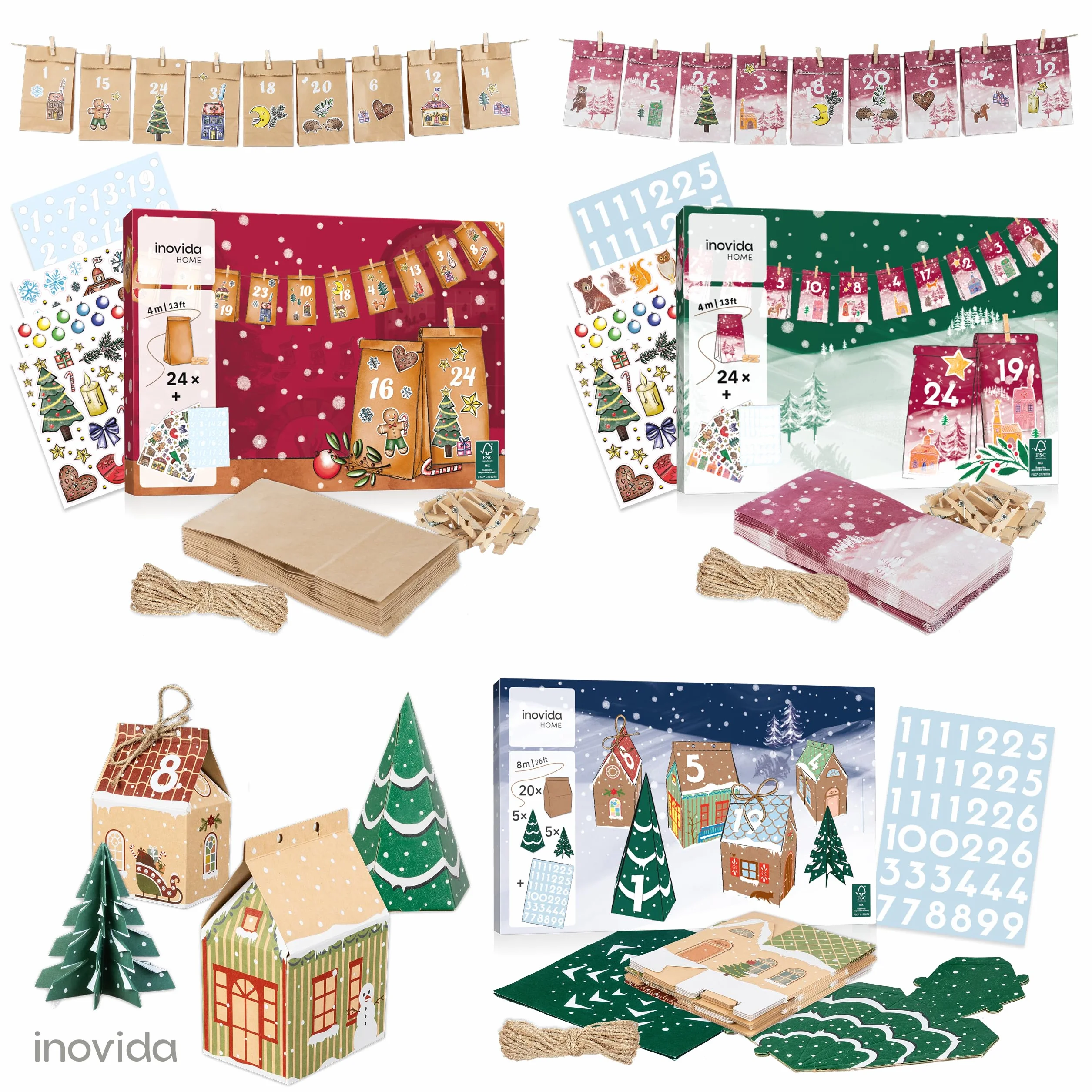 Calendario de Adviento 2025 para Rellenar DIY - Bolsas de Papel con Números Adhesivos Colgables - Inovida