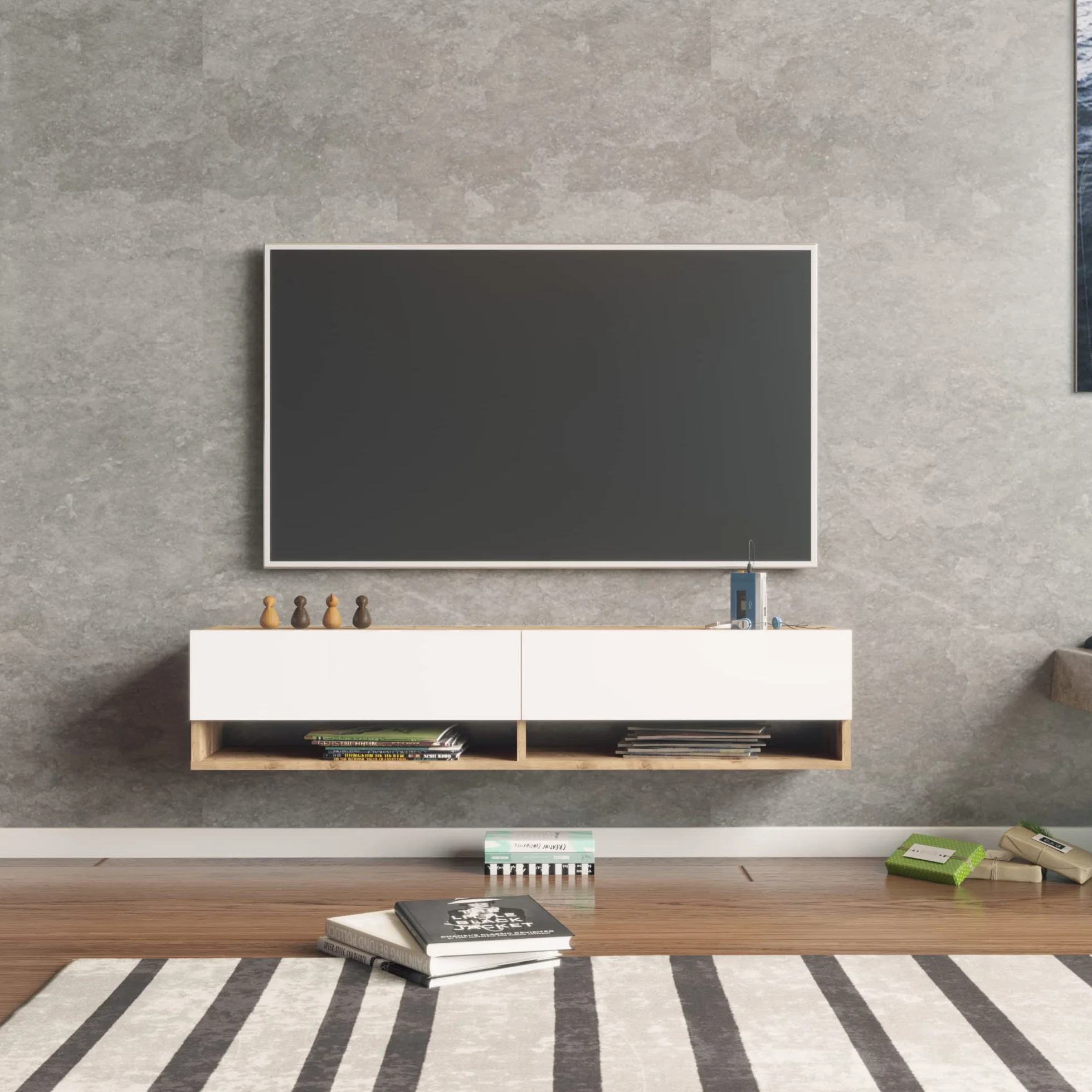 [en.casa] Mueble TV Suspendido con Espacio de Almacenaje Mesa Tele de Pared con 2 Puertas y 2 Estantes Aglomerado 140 x 32 x 30 cm Roble Rústico/Blanco