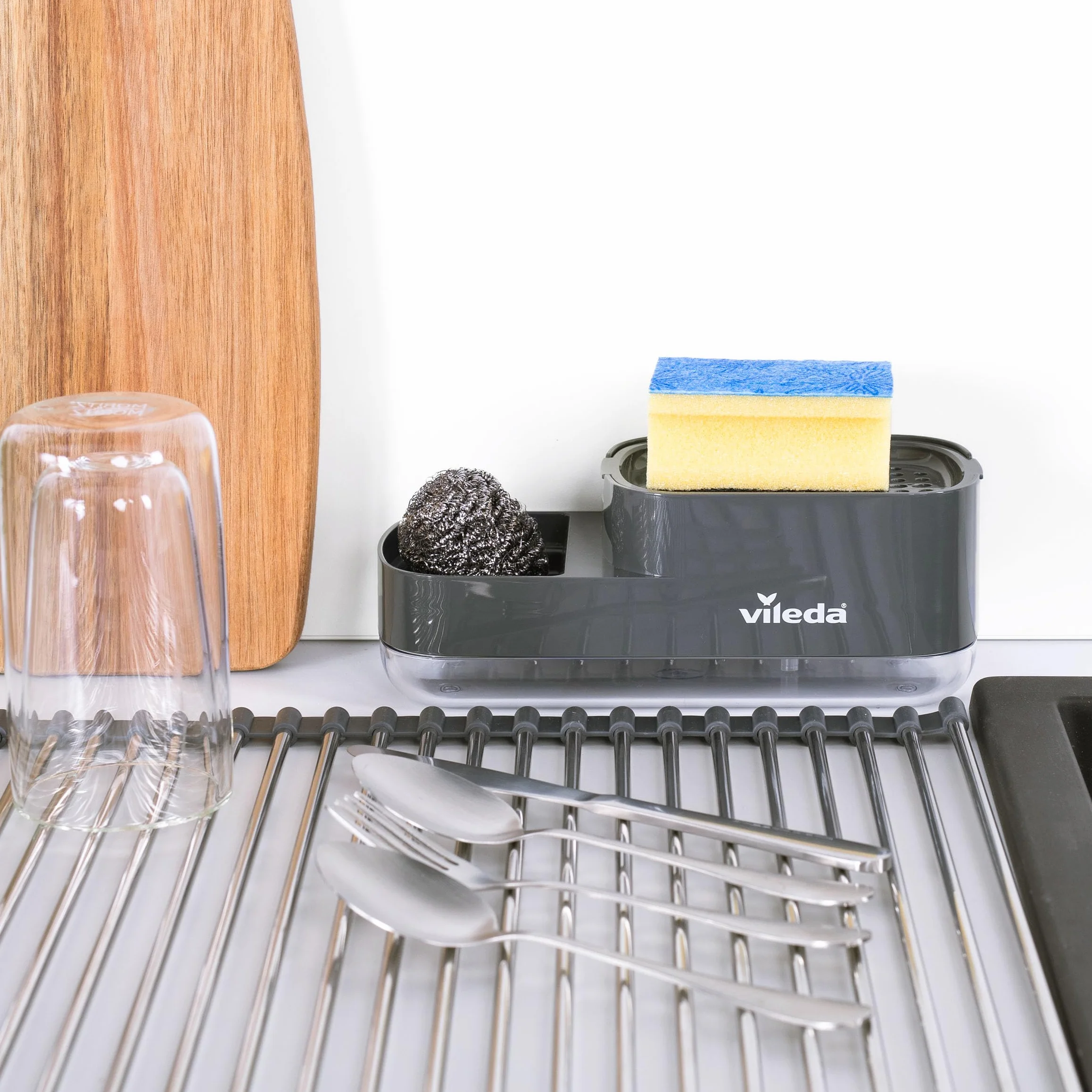 Vileda Dispensador de jabón para lavavajillas Pump con Soporte para Esponja. Práctica solución 2 en 1 para la Cocina. Dispensador de jabón Integrado para una fácil dosificación con una Sola Mano
