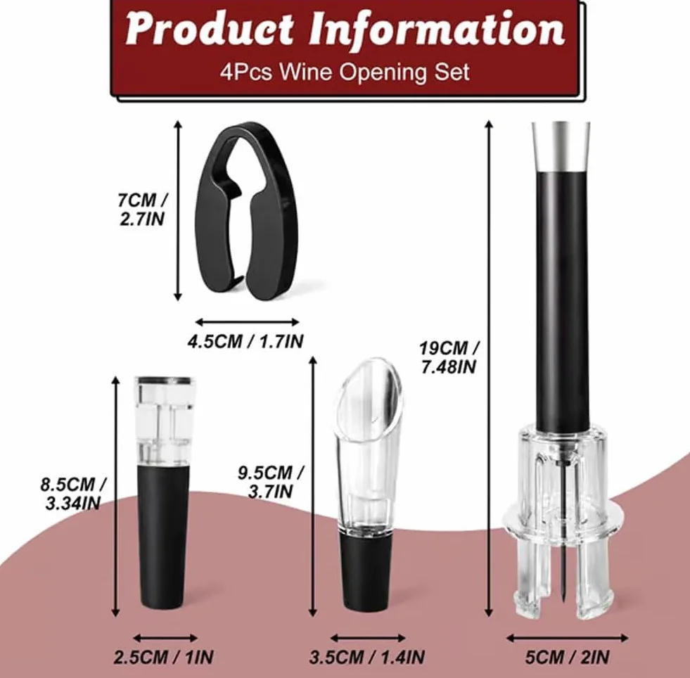 MIRACLEW Wine Opener, Air Pump Cork Remover Wine Bottle Opener Set, Miracle Air Pressure Wine Opener Set, with Bottle Opener, Vacuum Stopper, Wine Pourer, Paper Cutter (Silver)