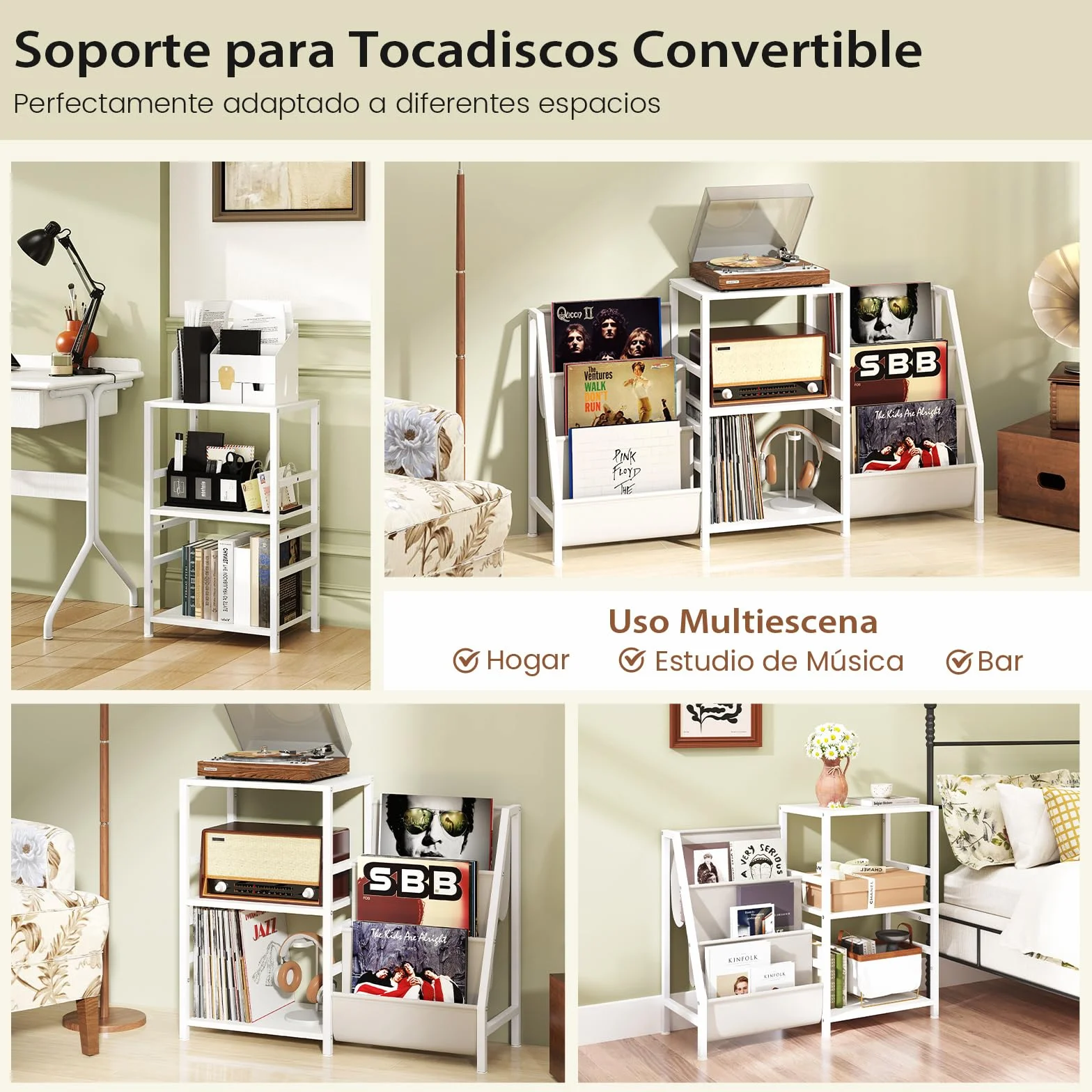 COSTWAY Soporte para Tocadiscos con Almacenamiento para Vinilos, Estantería de Metal, 6 Bolsillos, Blanco