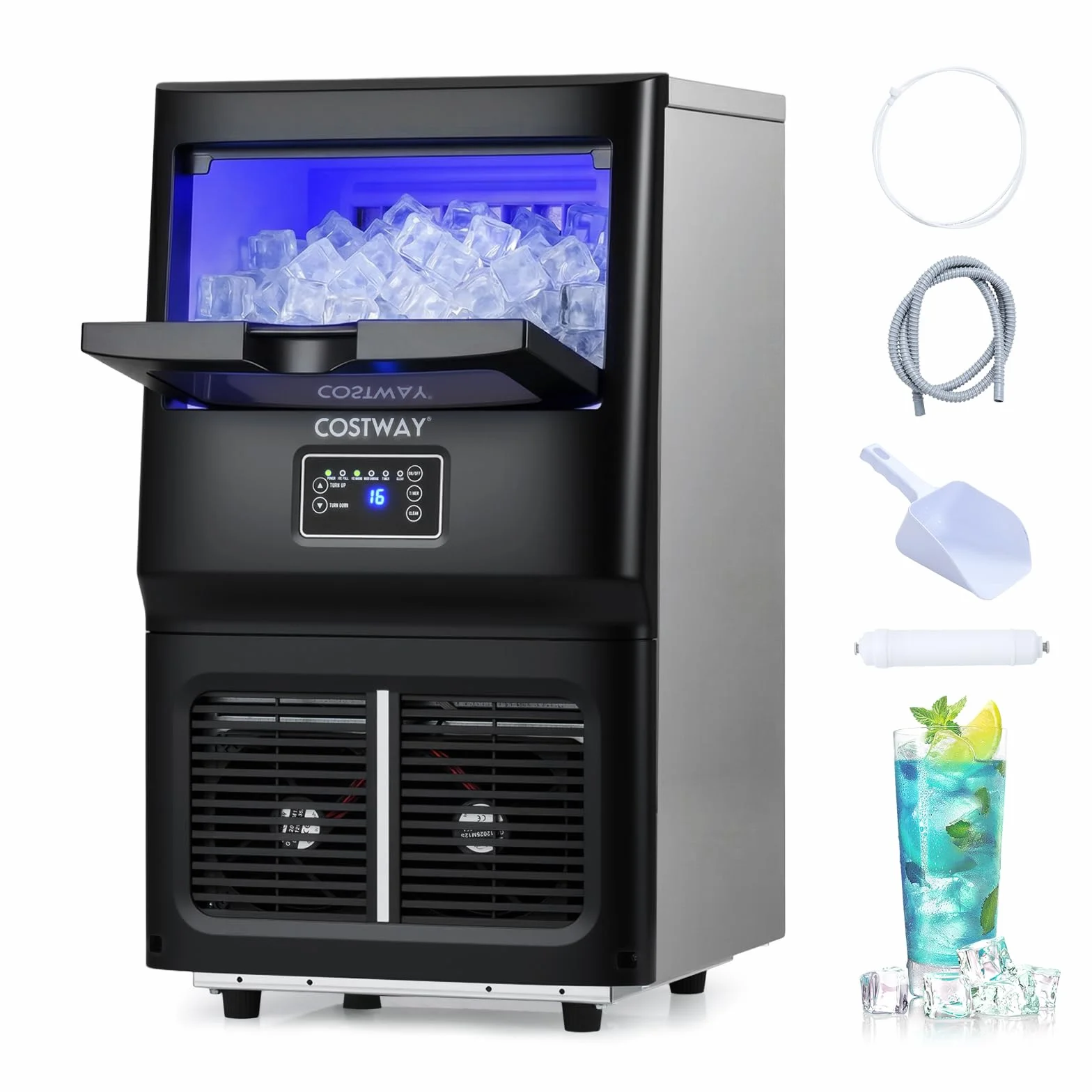 COSTWAY Maquina de Hielo Comercial, 25-30 kg/24H, 24 Cubos en 15-17 Minutos, Maquina de Hacer Hielo, Ice Maker de Acero Inoxidable con Autolimpieza, 34,4 x 35,6 x 62,3 cm