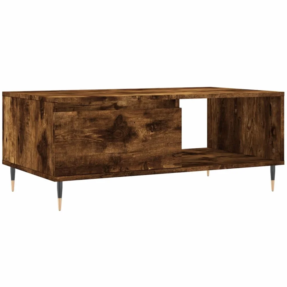 Mesa de centro de roble ahumado 90 × 50 × 36,5 cm, madera, patas de metal, cajón, estante, salón, dormitorio, balcón