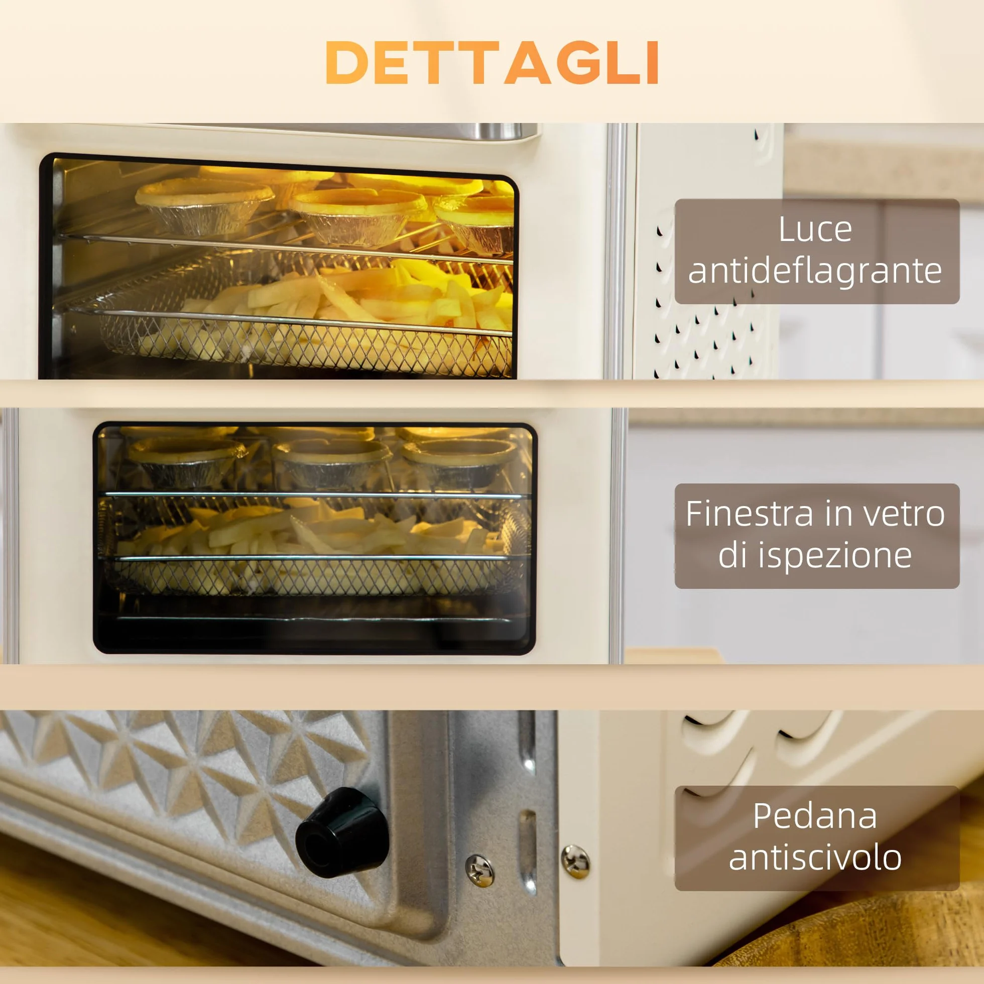 HOMCOM Horno eléctrico ventilado 20 L 1400 W multifunción aire caliente 90-230°C temporizador 60 min 5 modos doble cristal