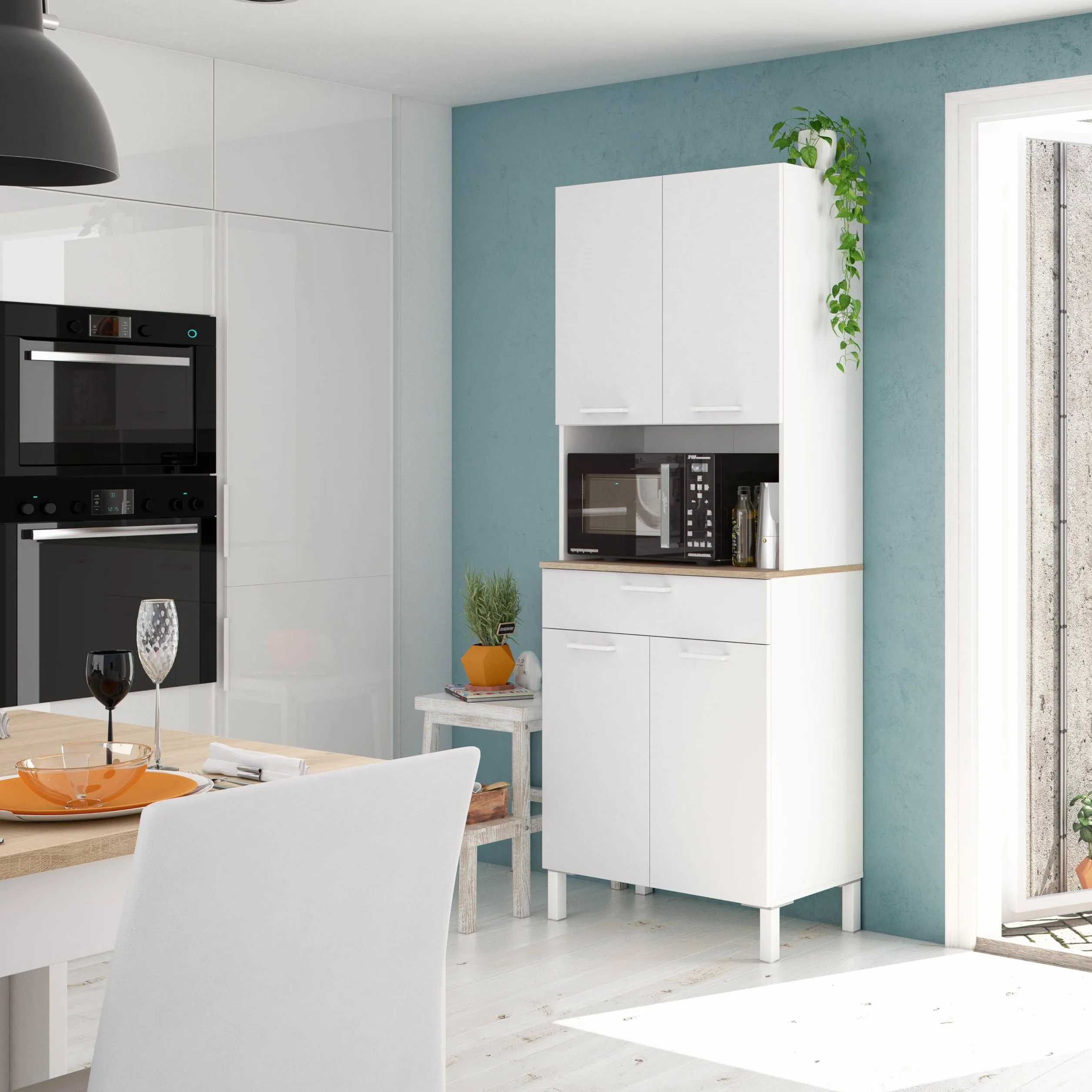 Habitdesign Mueble Auxiliar Cocina 4 Puertas + 1 Cajón, Modelo Kira, Acabado Blanco Artik y Roble Canadian, Medidas: 186 cm (Alto) x 72 cm (Ancho) x 40 cm (Fondo)