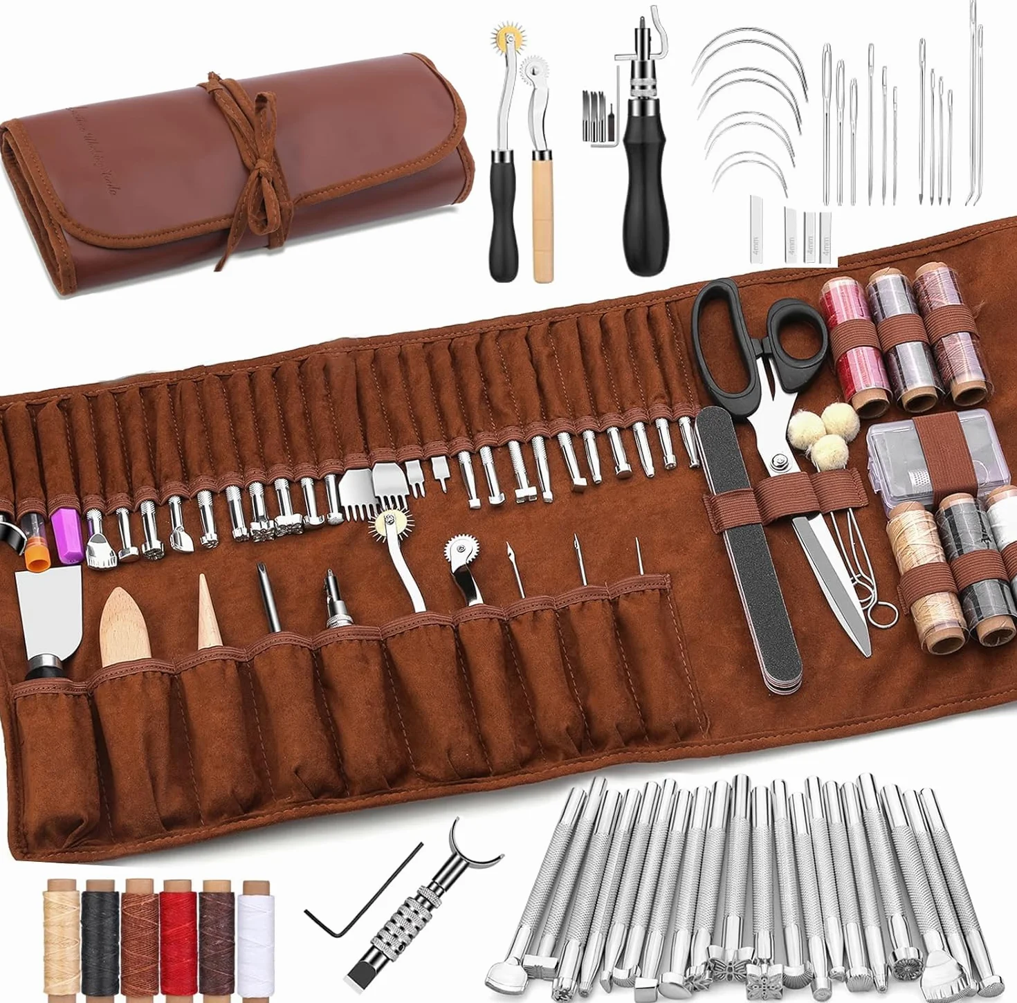 TINMAGI Herramientas de Artesanía de Cuero, Kit de Costura con Bolsa de Almacenamiento Personalizada, Herramientas de Trabajo de Cuero para Cortar, Perforar, Tallar