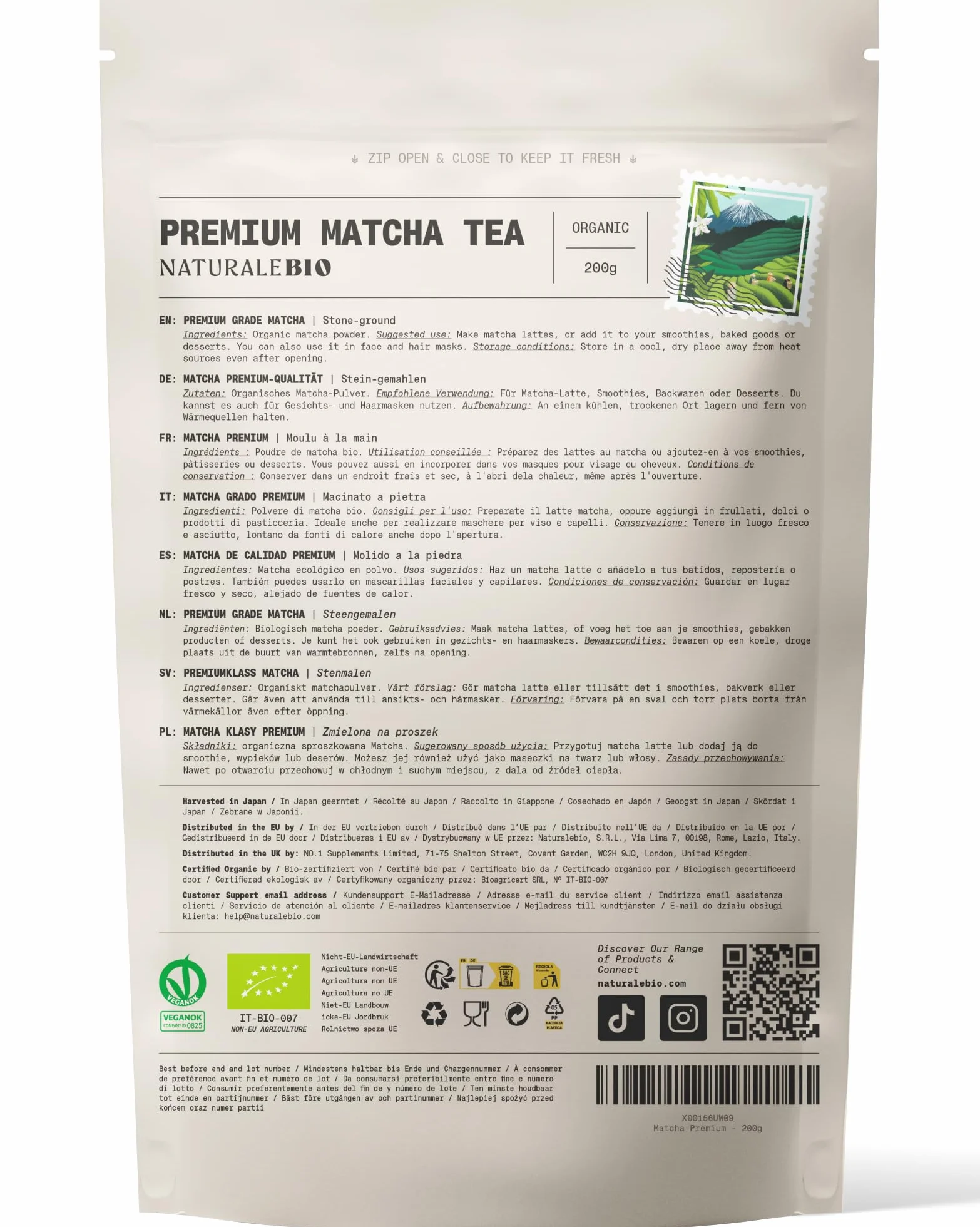 NaturaleBio Té Verde Orgánico en Polvo 200g Té Matcha Biológico Japonés Premium Uji Kyoto