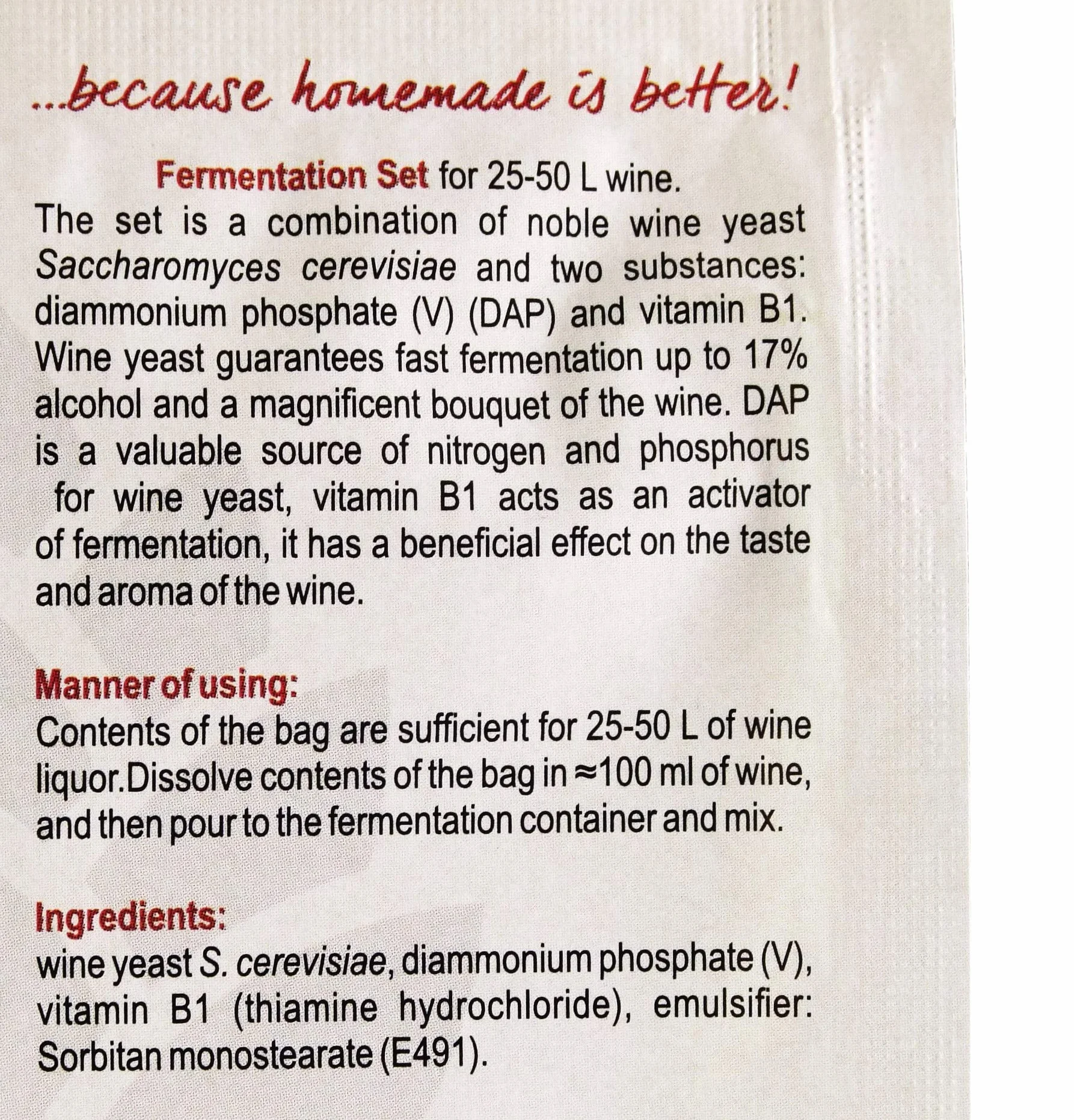Levadura Vinistart Para Vino 34 g, Kit Inicial con Nutrientes, Hasta 50 L, 17%