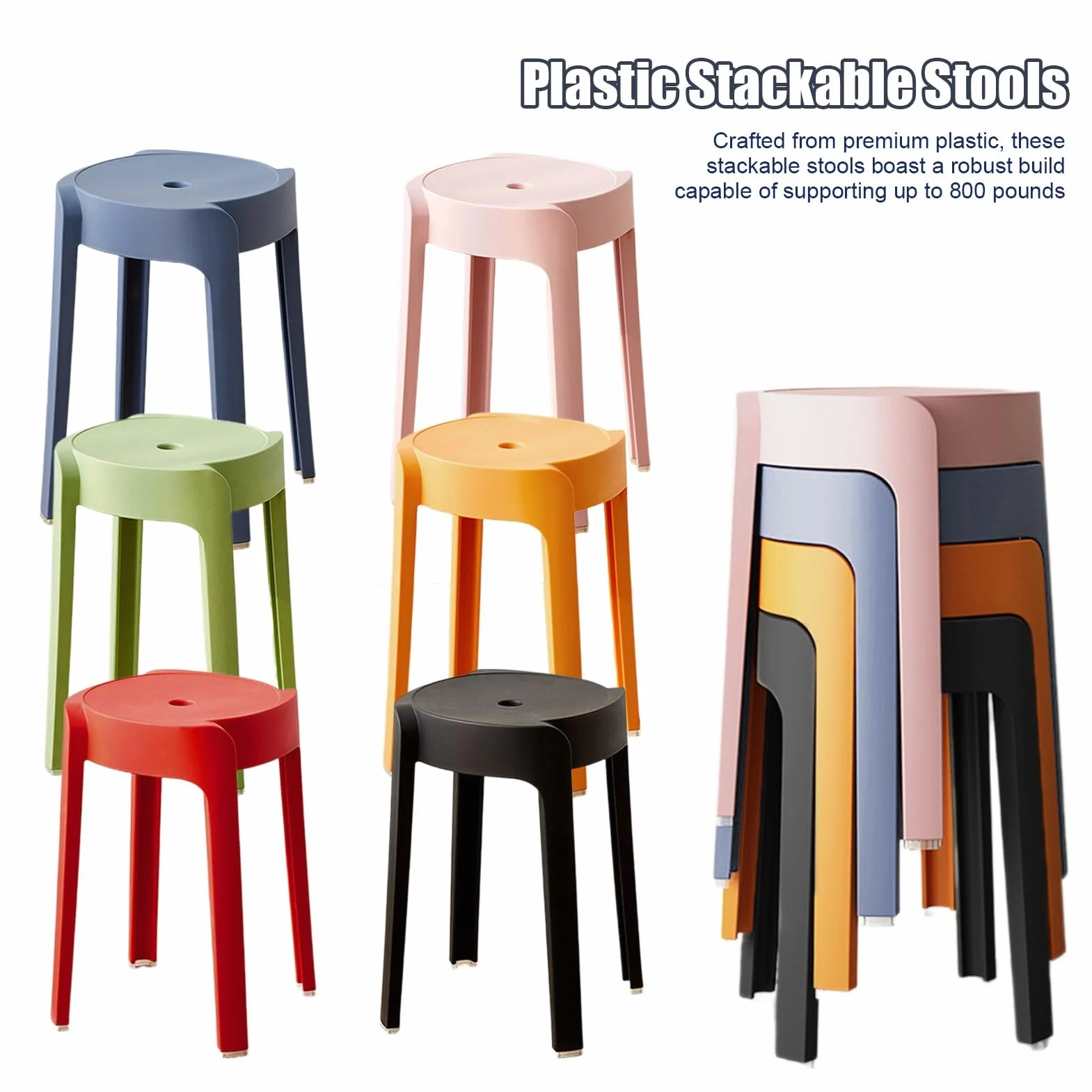 Juego de 6 taburetes coloridos apilables de plástico, taburetes redondos portátiles y ligeros para uso en interiores y exteriores, sillas sin respaldo, asientos flexibles para el hogar, la