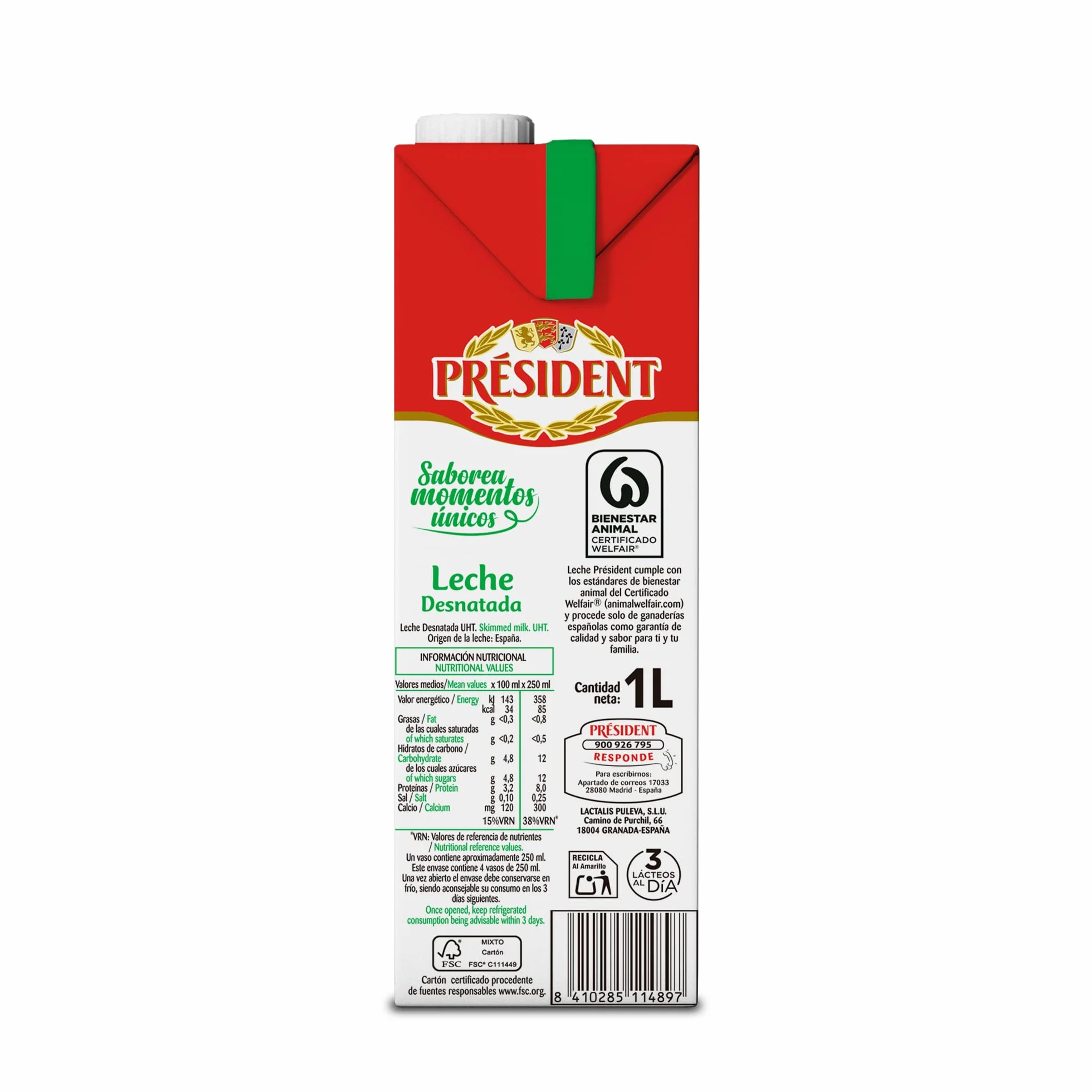 Président Leche Desnatada Natural de Galicia Pack 6 x 1 L Fuente de Calcio y Proteínas Sin Gluten