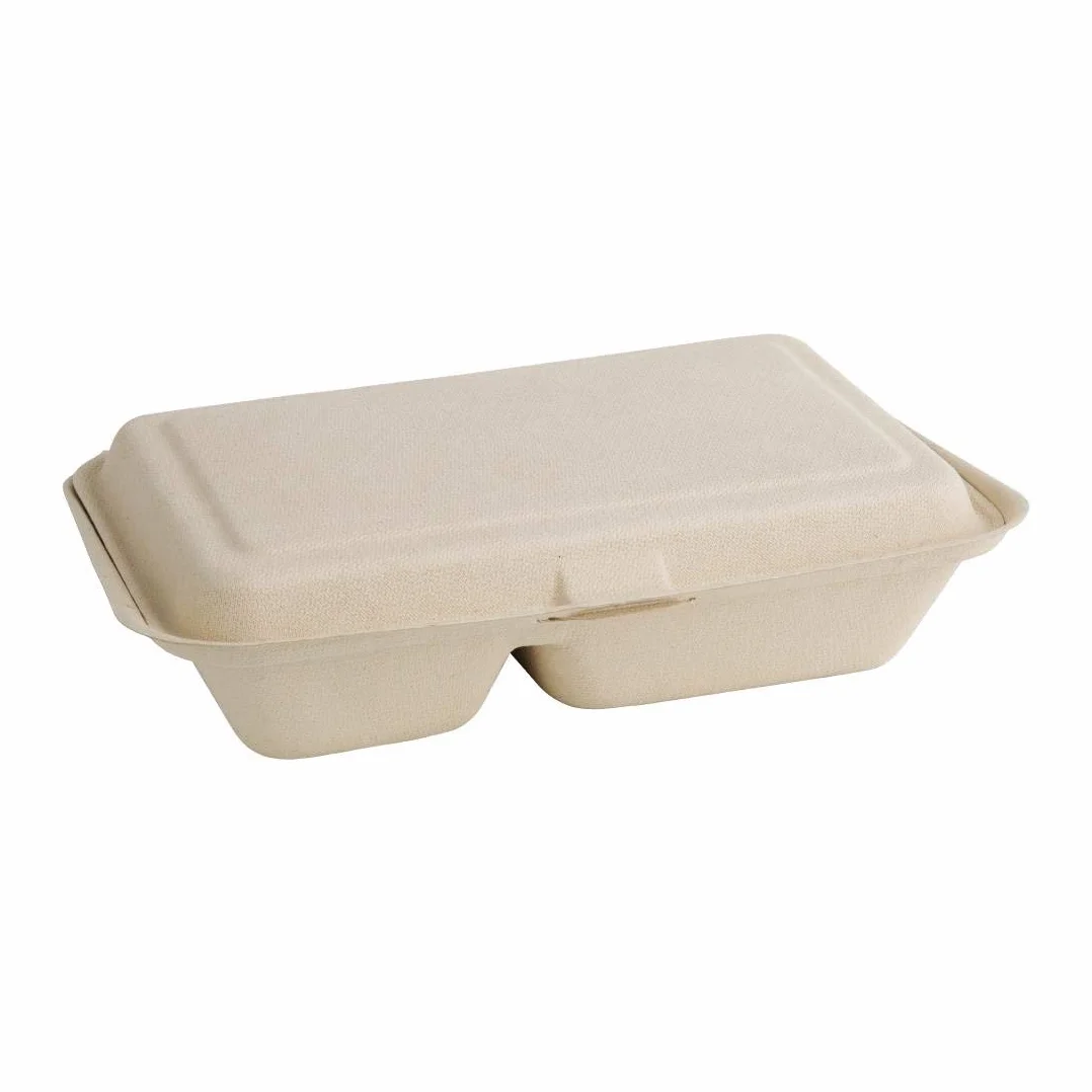 Fiesta Green Recipientes compostables de bagazo de dos compartimentos con bisagras, color natural, 253 mm (paquete de 200)