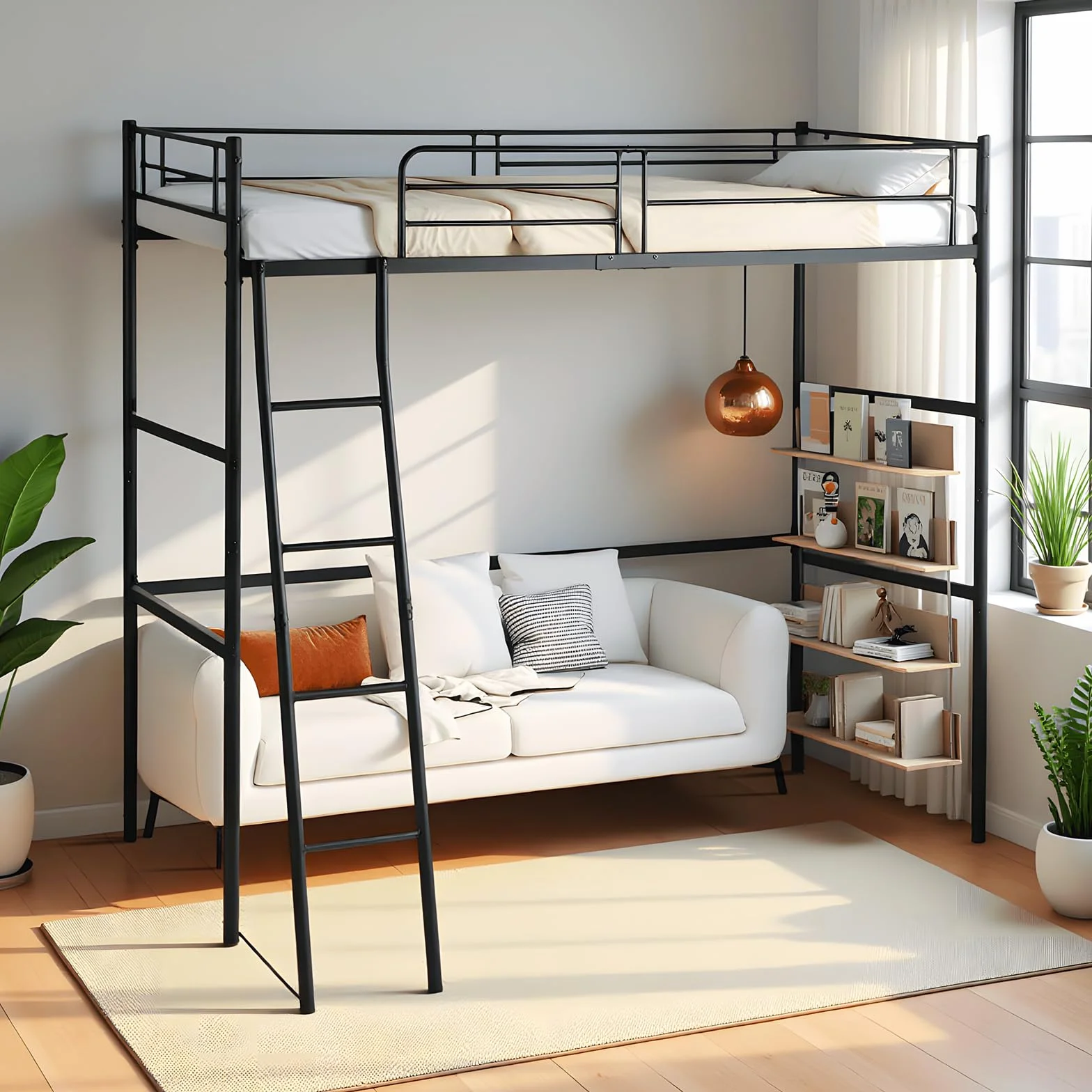 DORAFAIR Cama Alta 90x200 cm Metal con Escalera, Barandillas Seguridad, Negro