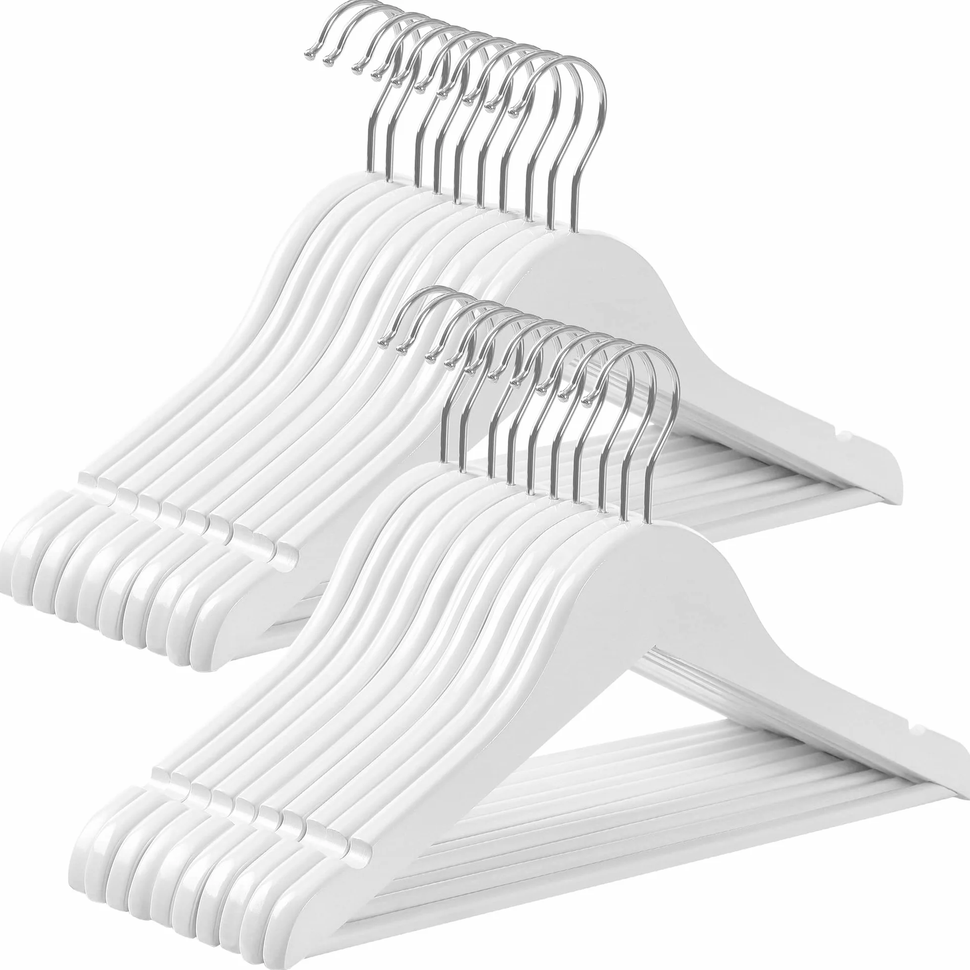 SONGMICS Juego de 20 Perchas para Niños de Madera Maciza, para Ropa Infantil, con Barra de Pantalones, Muescas en Hombros, Ganchos Giratorios, 35 cm Largo, Blanco y Plata CRW06W-20