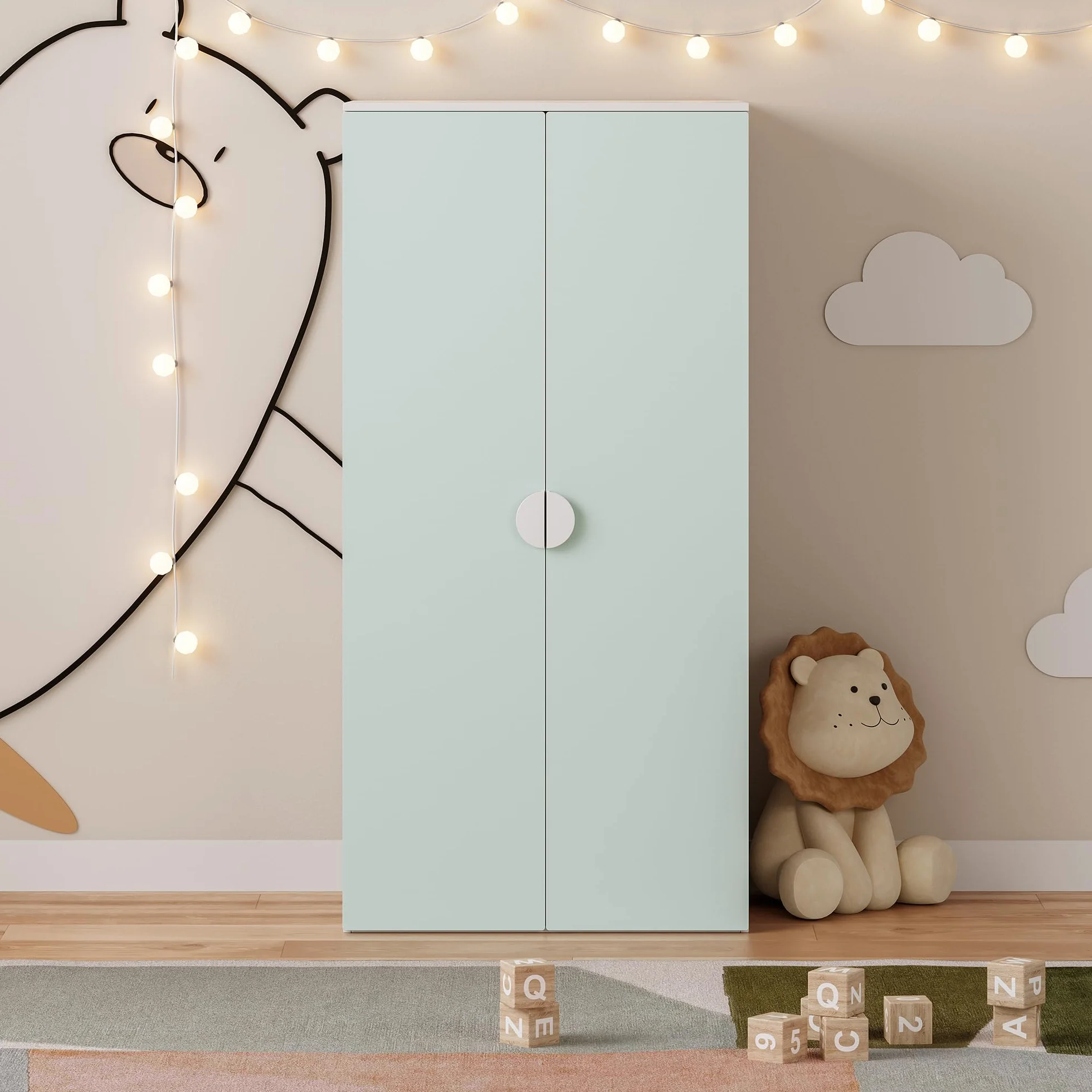 Armario Ropero Infantil Sandnes 123x60x40 cm Blanco/Verde Menta con Barra Colgante y 2 Puertas