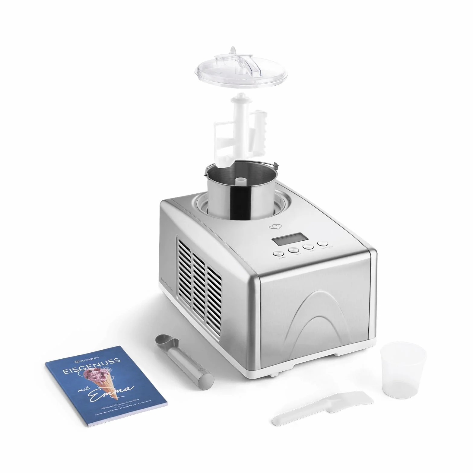 SPRINGLANE Máquina para hacer helados caseros EMMA, Ice cream maker, Heladera con compresor 1,5 l, recipiente extraíble y pantalla LCD + Libro de recetas