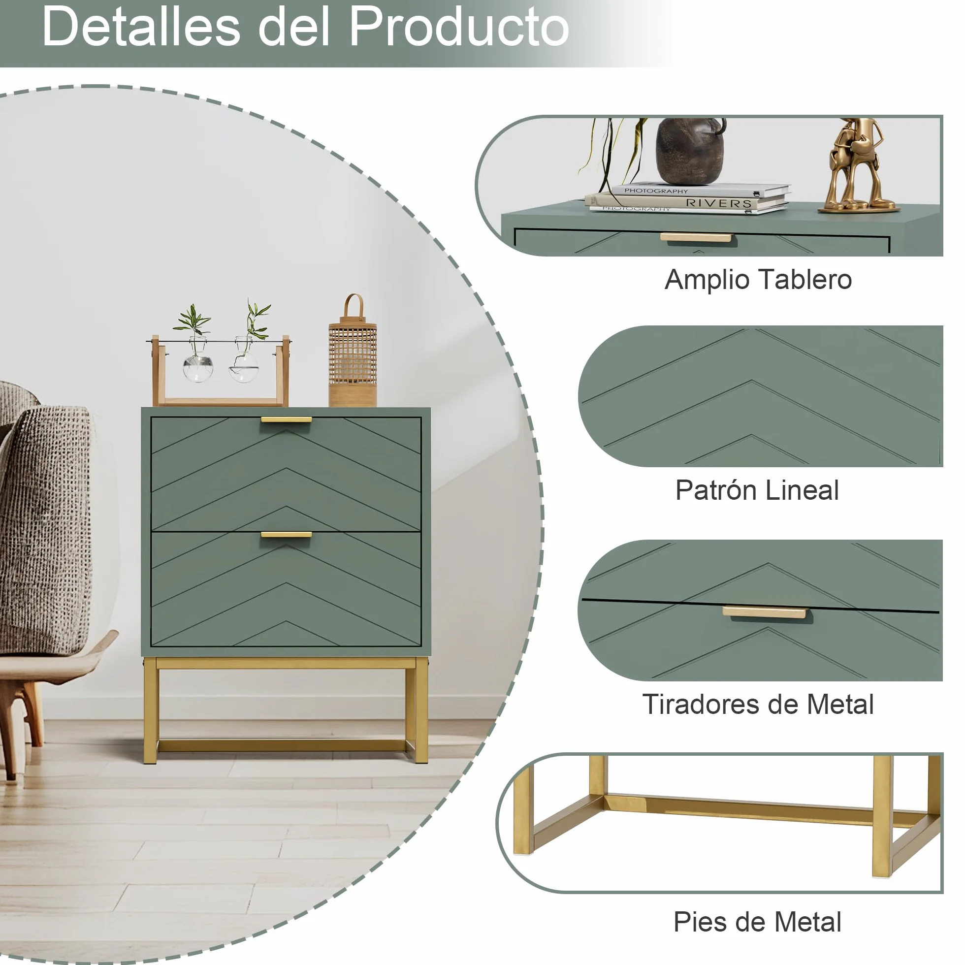 UEV Juego de 2 Mesillas de Noche con Diseño en V, Muebles de Dormitorio con Asas y Patas de Metal, Mesilla de Noche Moderna y Estable, 46 x 33,5 x 56,5 cm, Verde