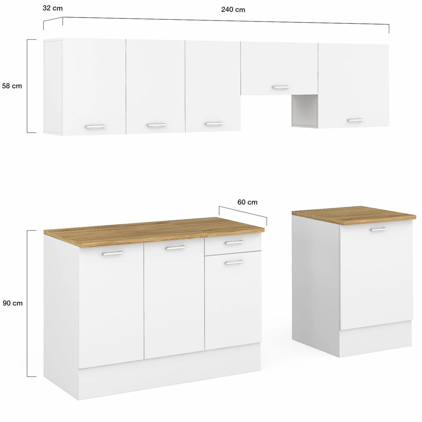 IDMarket - Cocina completa 240 cm sutil con encimera 7 elementos blanco y bandejas de madera