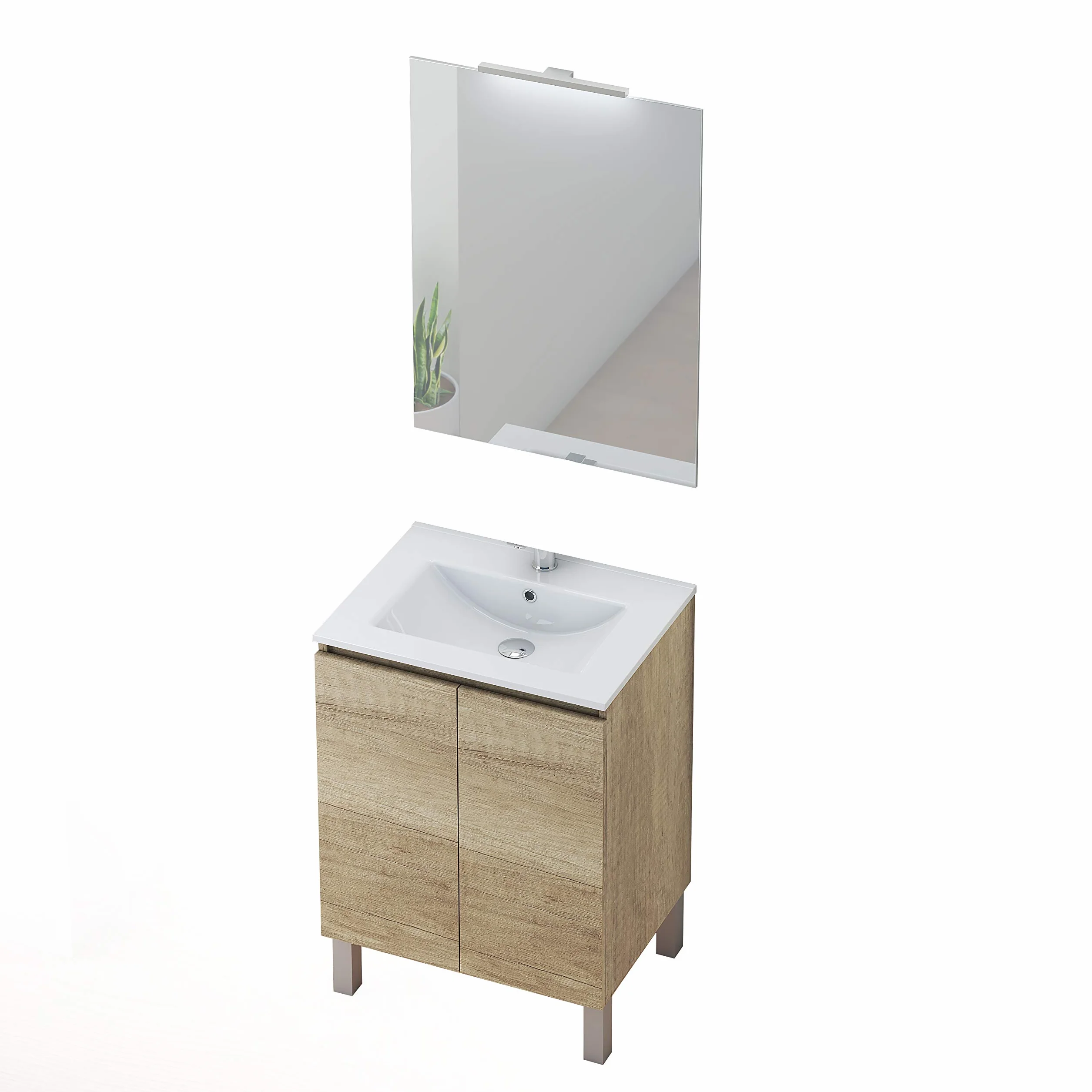 Baikal Conjunto Mueble de Baño con Lavabo y Espejo con Aplique LED con Patas, en Varios Acabados, Melamina 16. 2 Puertas 60 cm Nature