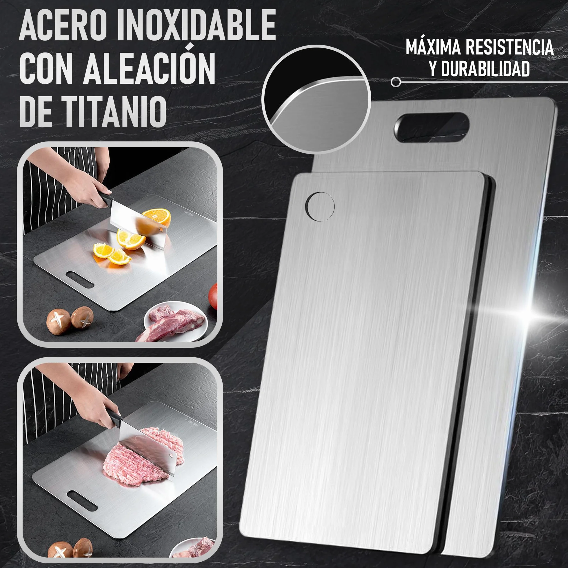 SET de 3 Tabla de Cortar con Aleación de Titanio para Cocina de Acero Inoxidable SUS316 y SUS 304 + Ganchos y Paños - Tabla de Cortar de Titanio Resistente + Reversible y Antibacteriana | 3-Stars