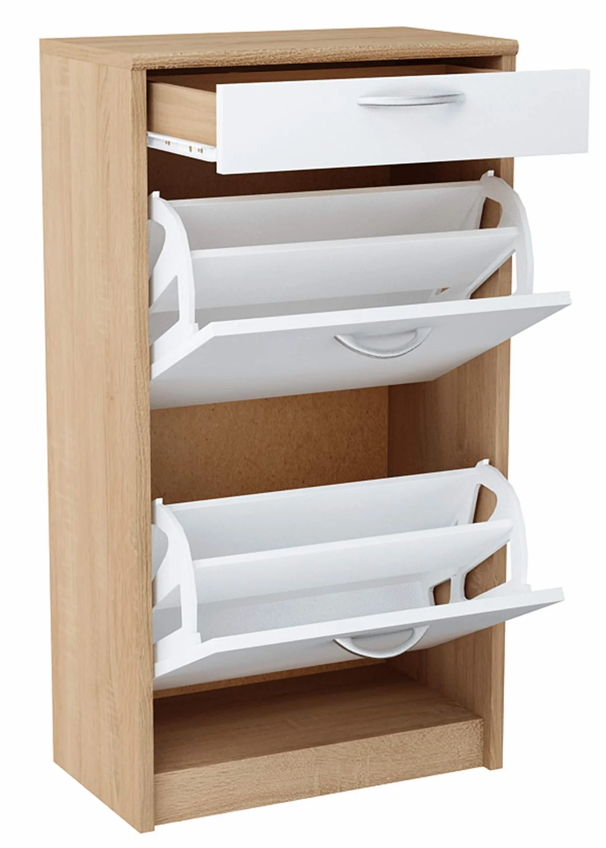 MATKAM Mueble Zapatero 2D1S de Aspecto Moderno, Ancho 50 x Alto 92 x Fondo 28 cm, Tablero de Mueble Laminado 16 mm, con Panel Trasero (Frente de Roble Sonoma en Blanco)