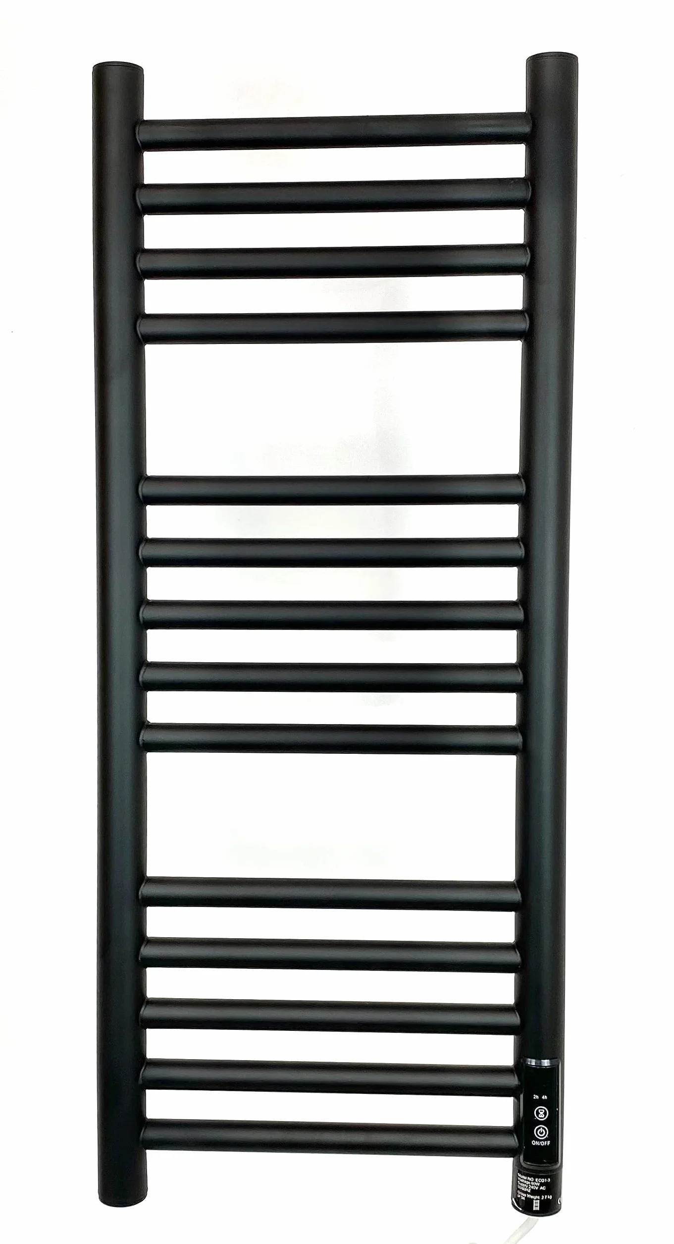 Toallero eléctrico con calefacción, 300 mm de ancho x 720 cm de alto, con temporizador integrado, color negro mate, eficiencia energética