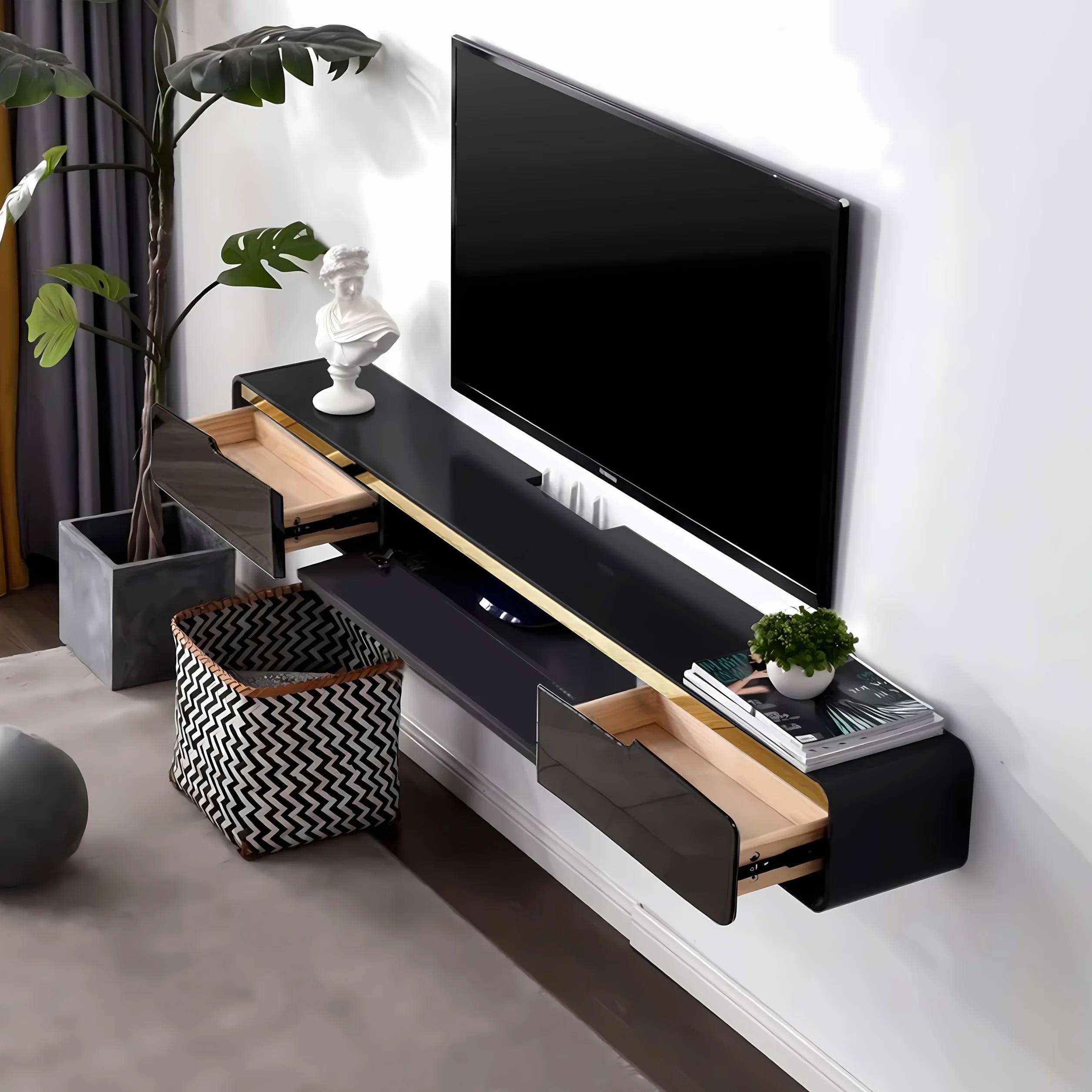 FPIGSHS Mueble TV Suspendido Moderna 140cm Mueble de TV Flotante Negro Consola Multimedia Entretenimiento Pared Armario Televisión con Puertas y Cajones Ideal para Salón y Dormitorio (A, 140cm)
