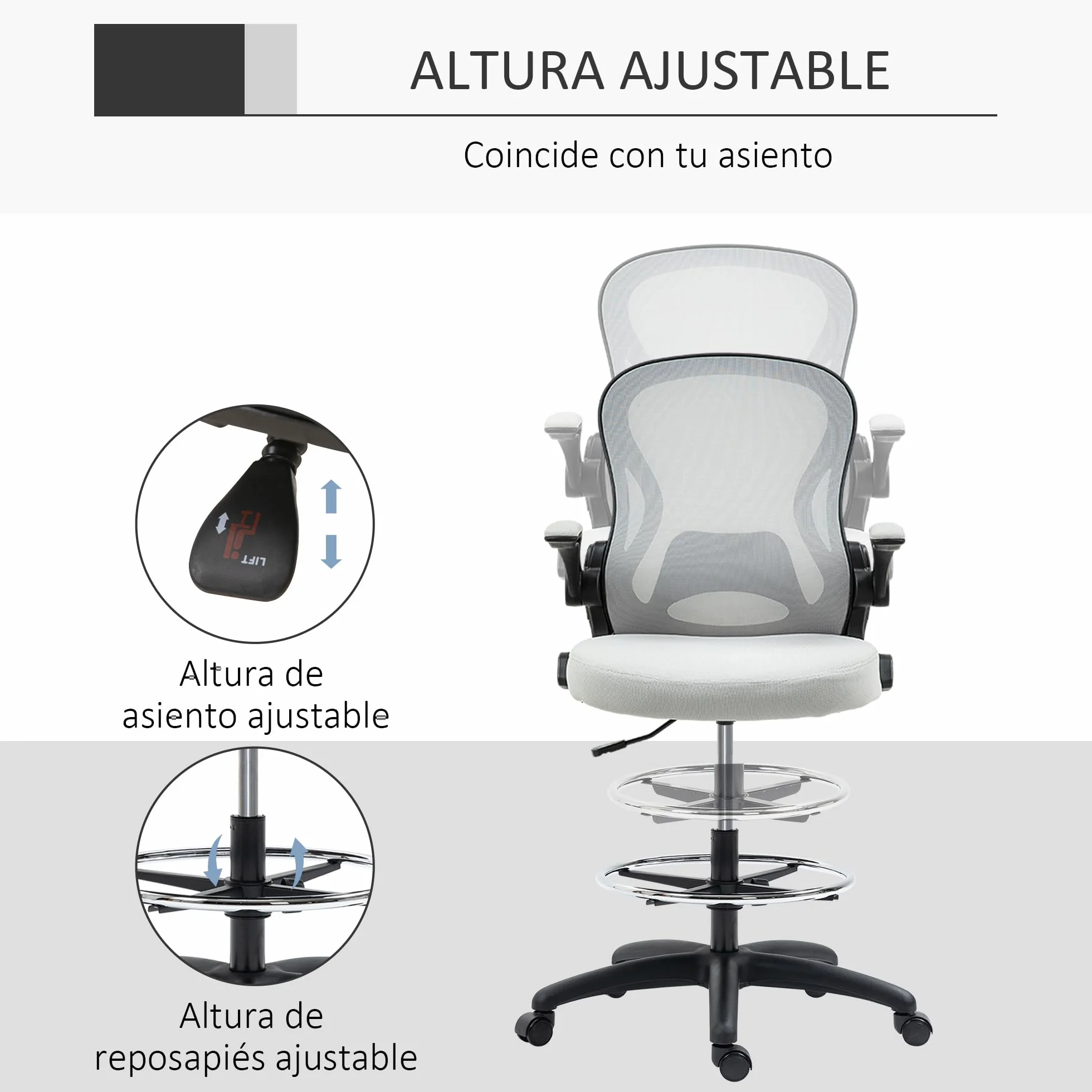 Vinsetto Silla de Dibujo Giratoria Silla de Escritorio Alta con Respaldo Medio Soporte Lumbar Reposabrazos Abatibles Altura Ajustable Carga 120 kg 59x65x102-122 cm Gris Claro