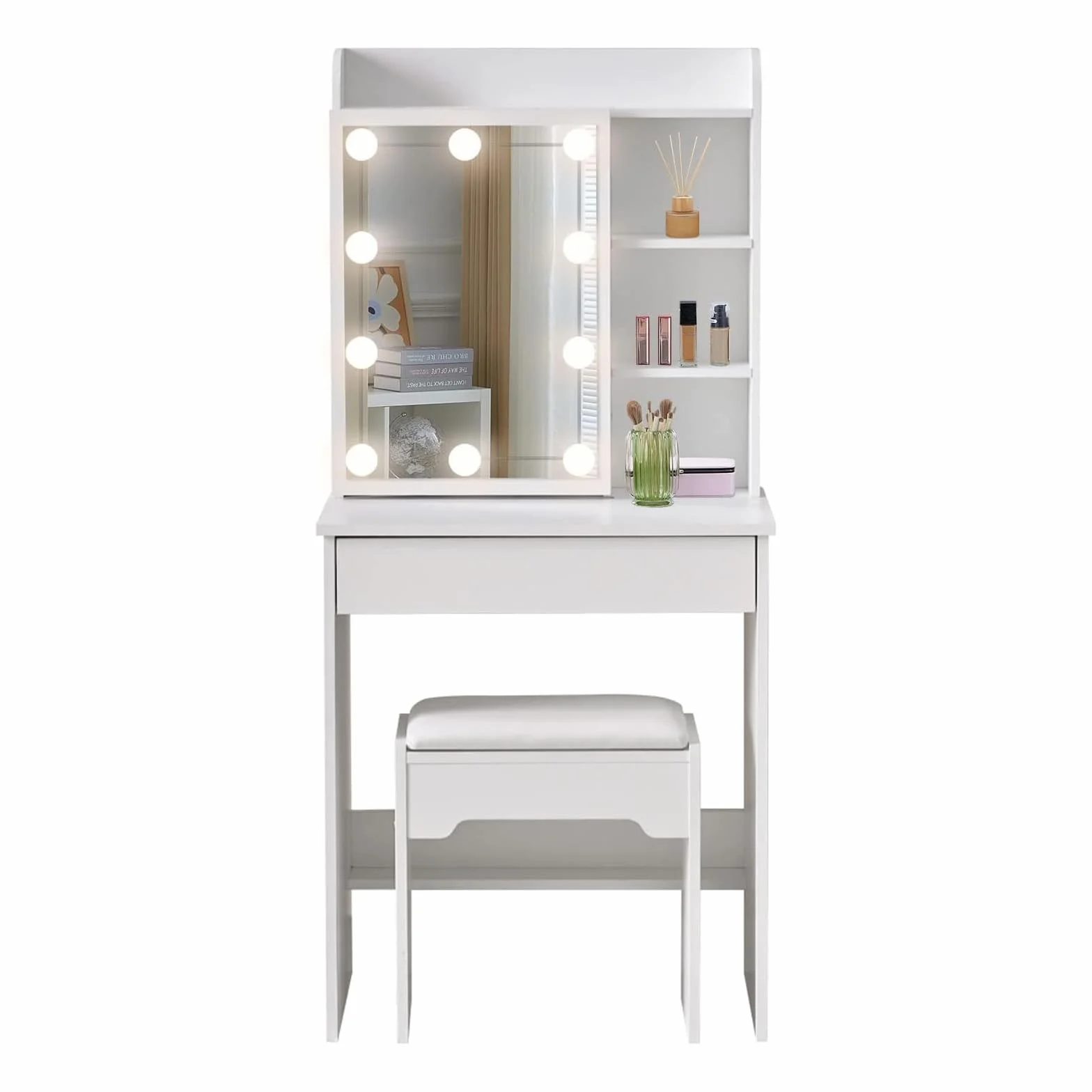 LEMROE Tocador Hollywood con Espejo LED y Taburete, Mesa de Maquillaje Blanca con 7 Estantes y 1 Cajón