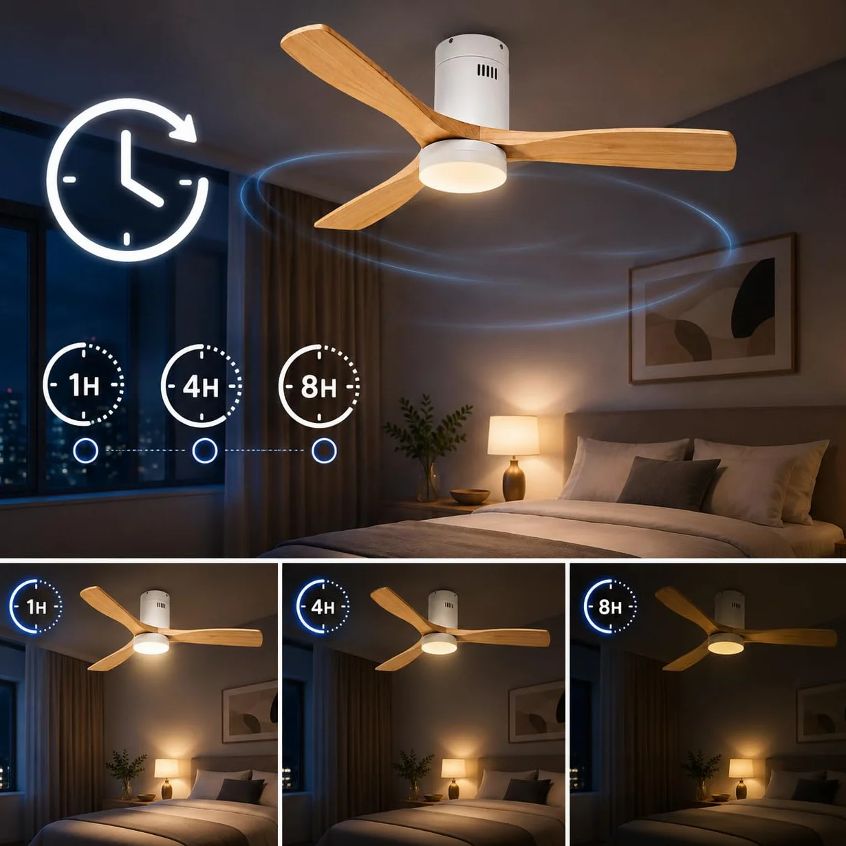 M mimotec - Ventilador Techo Energy con Luz LED Regulable en intensidad, Motor DC Silencioso, Aspas Efecto Madera Ø132 cm, Mando, 6 Velocidades, 3 Temperatura de Luz, Temporizador, Verano/Invierno