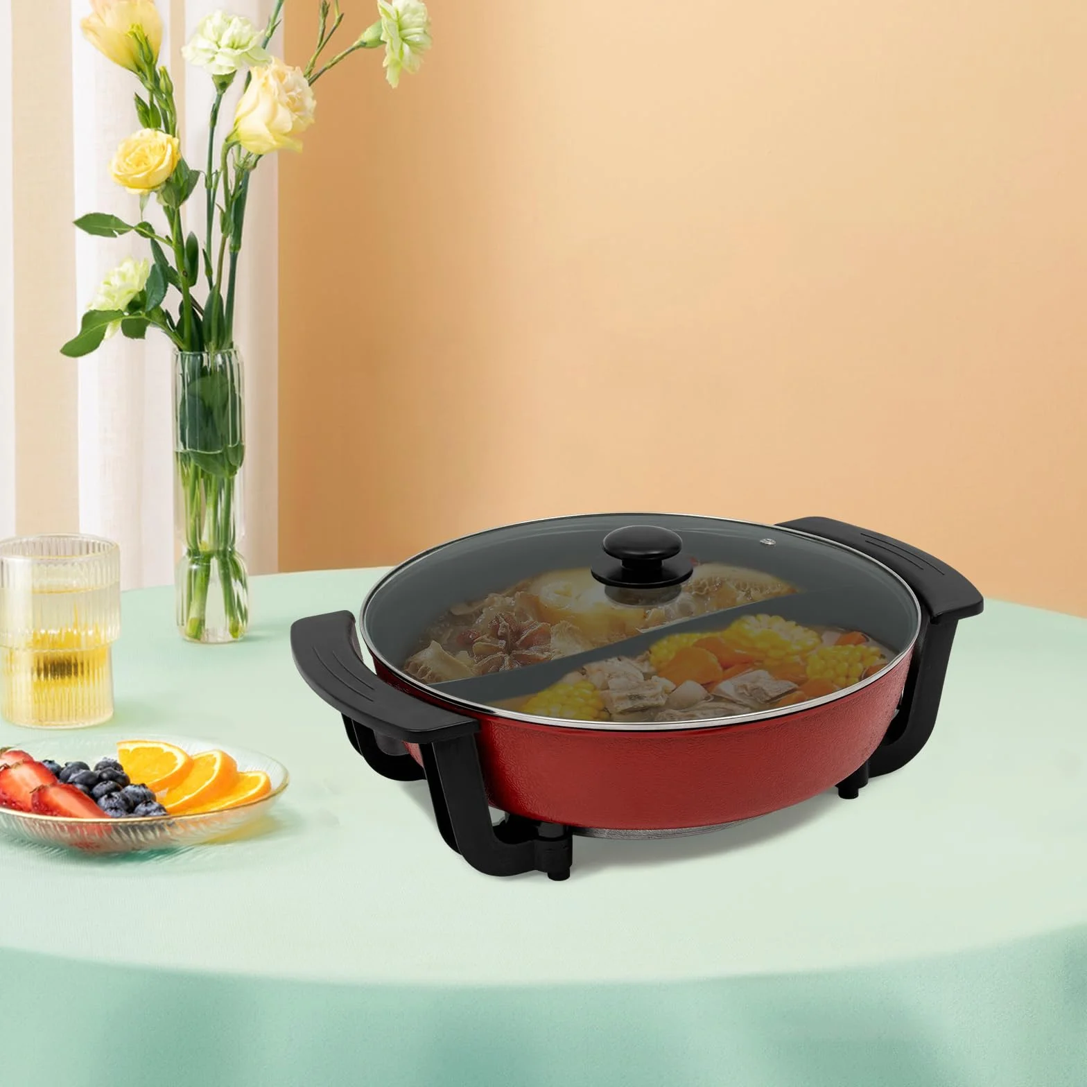 Estufa Eléctrica Multifunción 1360W Olla Hot Pot Eléctrico Fondue Shabu con Partición Temperatura Ajustable para 3-4 Personas
