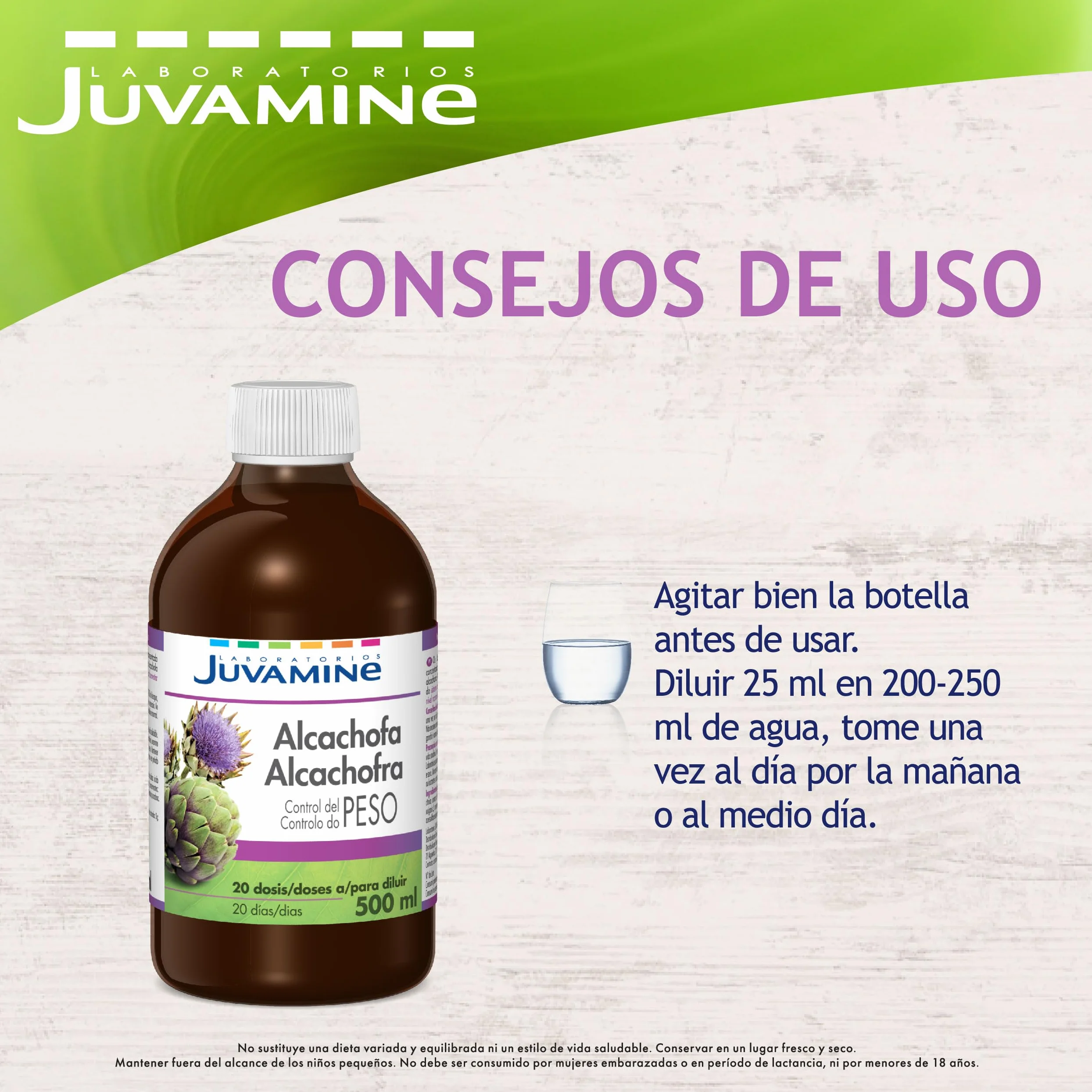 JUVAMINE Botella Alcachofa 500mL Programa 20 Días Control de Peso Sistema Digestivo Sabor Frutos Rojos