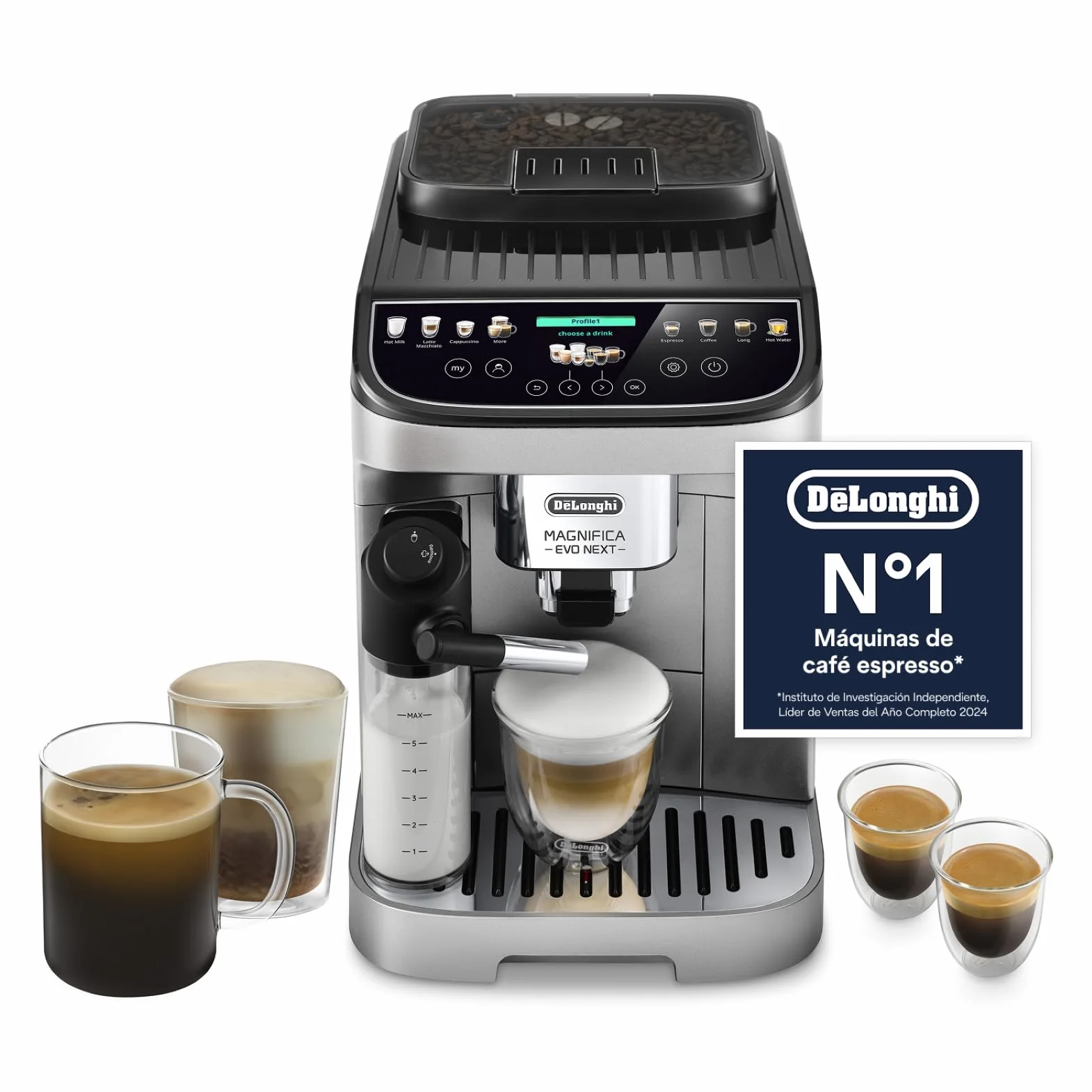 De’Longhi Magnifica Evo Next – Perfetto Cafetera Superautomática, LatteCrema Jarra de leche automática, 13 Bebidas One-Touch, Pantalla Táctil a Color,Plata y Negro (ECAM312.80.SB)