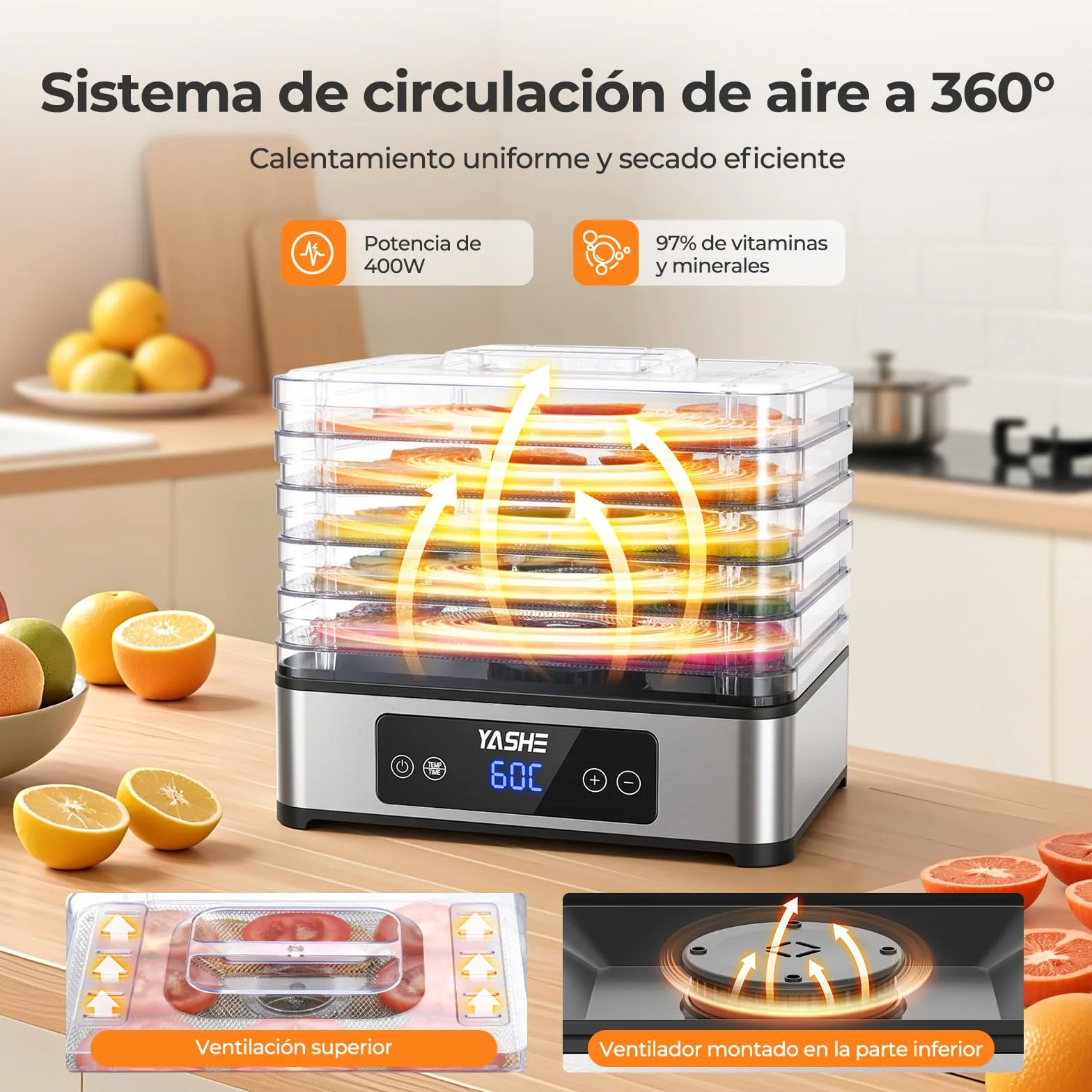 YASHE Deshidratador de Alimentos 5 Bandejas Acero Inoxidable 400W Flujo de Aire 360° Sin BPA
