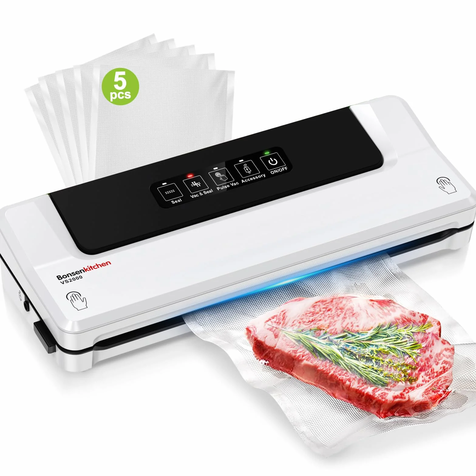 Bonsenkitchen Envasadora al Vacío 4 en 1 para Uso Doméstico y Comercial, Maquina al Vacio de Alimentos, Incluyendo 5 Bolsas (Blanco)
