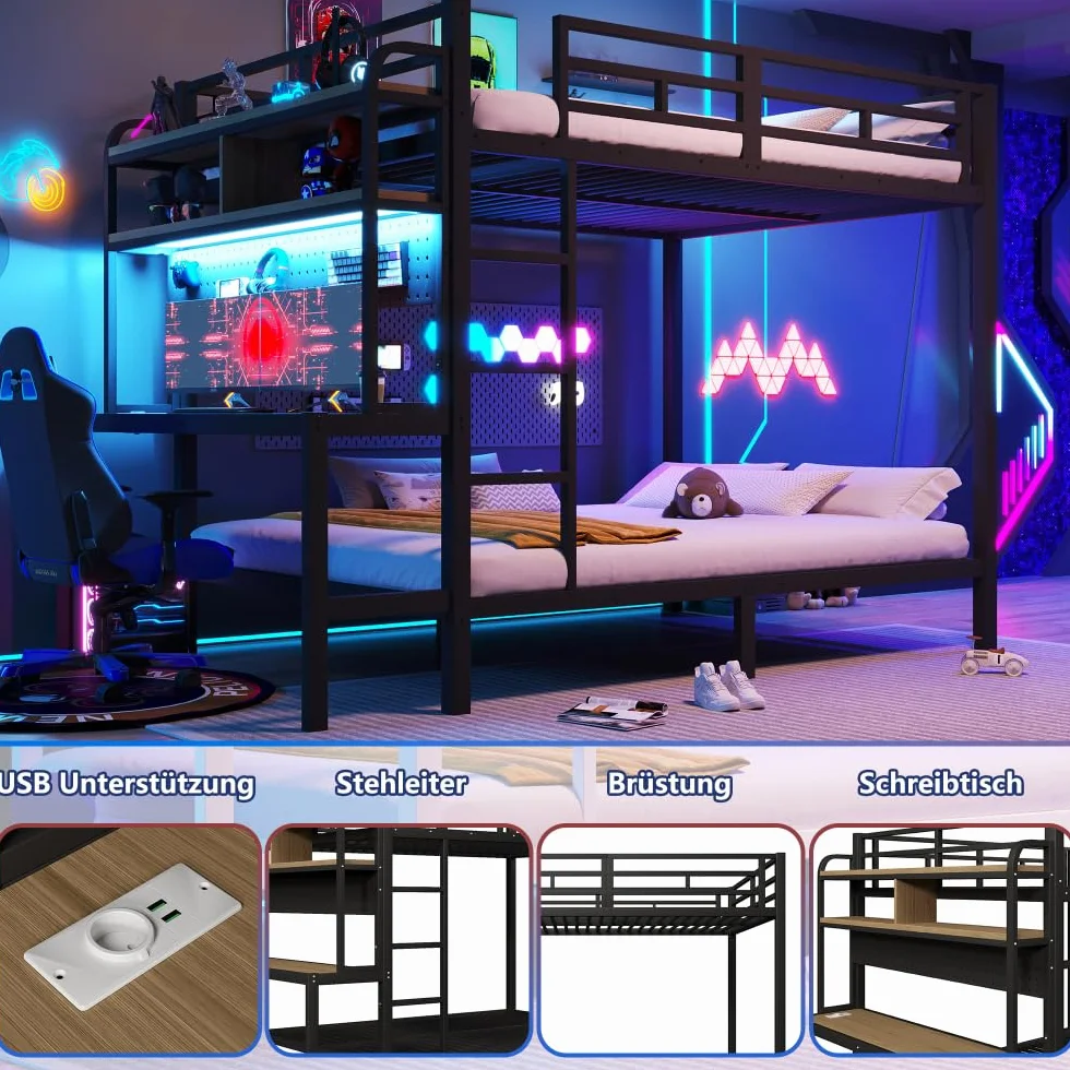 Lubvtti Litera de hierro para niños, 140 x 200 cm, con tira de luz LED, puerto USB, escritorio, compartimento de almacenamiento, cama infantil, estructura de cama de matrimonio (negro)