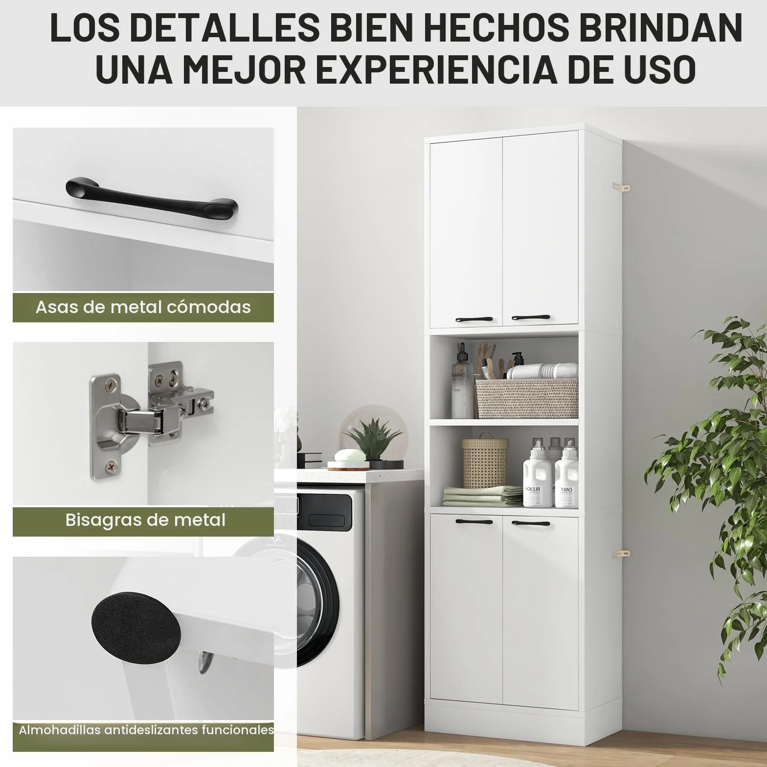 GIANTEX Armario Alto de Baño 56x30x190 cm Mueble Almacenamiento 4 Puertas 2 Compartimentos Abiertos Organizador 6 Estantes Blanco