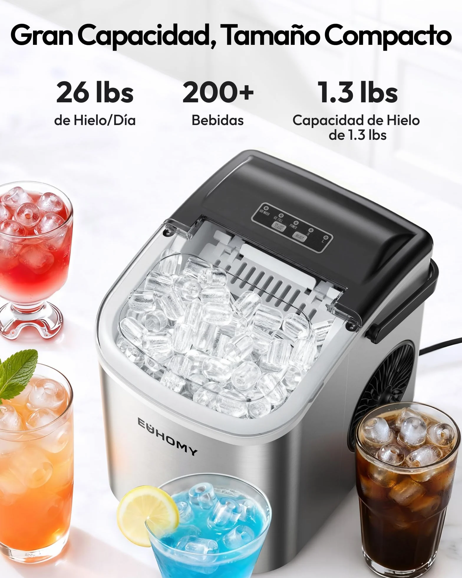 EUHOMY Máquina de Hielo 12Kg/24H, 9 Cubos en 6 Minutos, Maquina de Hacer Hielo Autolimpiable, 2 Tamaños de Hielo, con aAsa, Pala para Hielo y Cesta, Sirva Para Casa/Cocina/Oficina/Bar Plateada